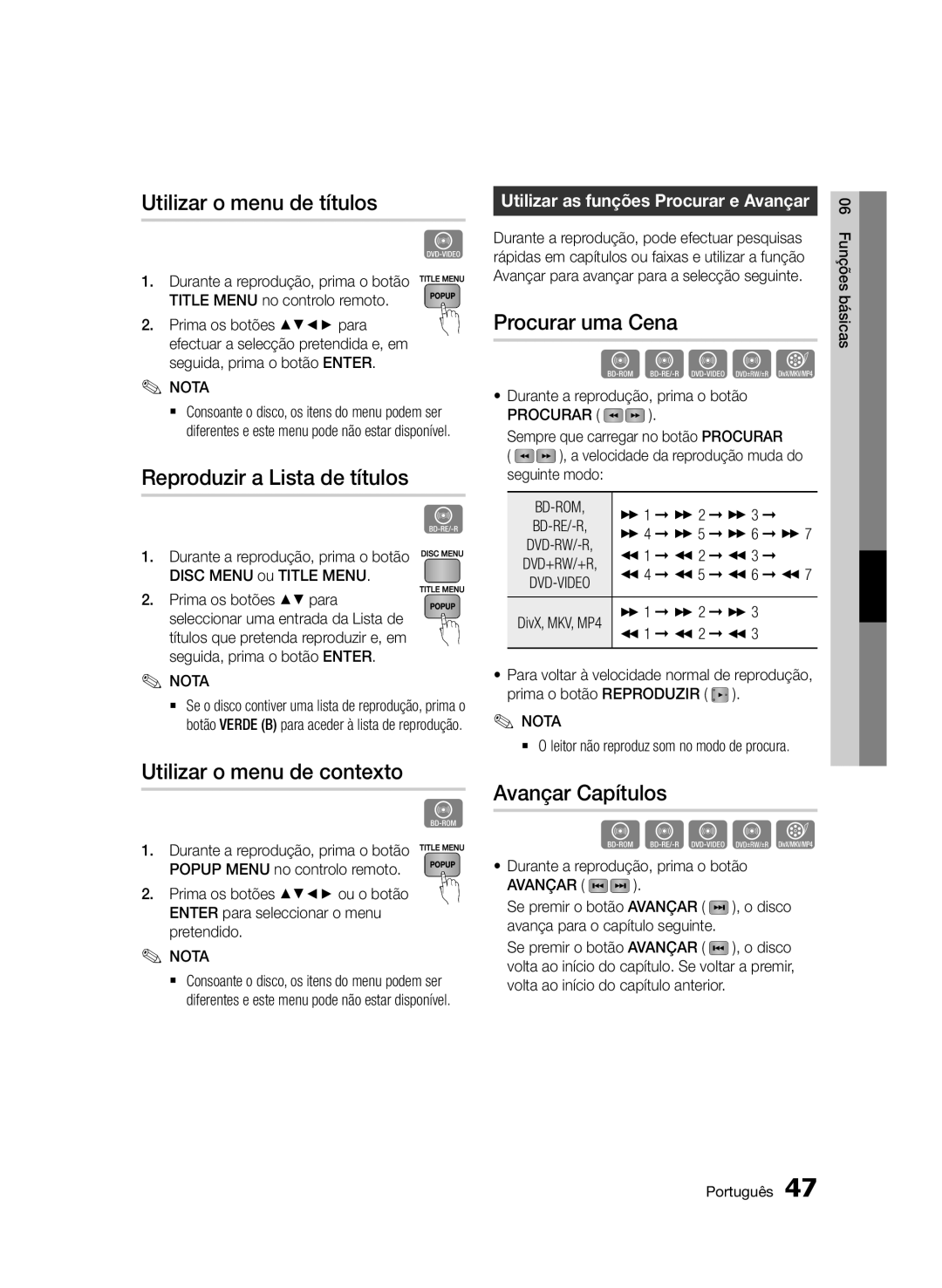 Samsung BD-D5500/ZN, BD-D5500/EN Utilizar o menu de títulos, Reproduzir a Lista de títulos, Utilizar o menu de contexto 