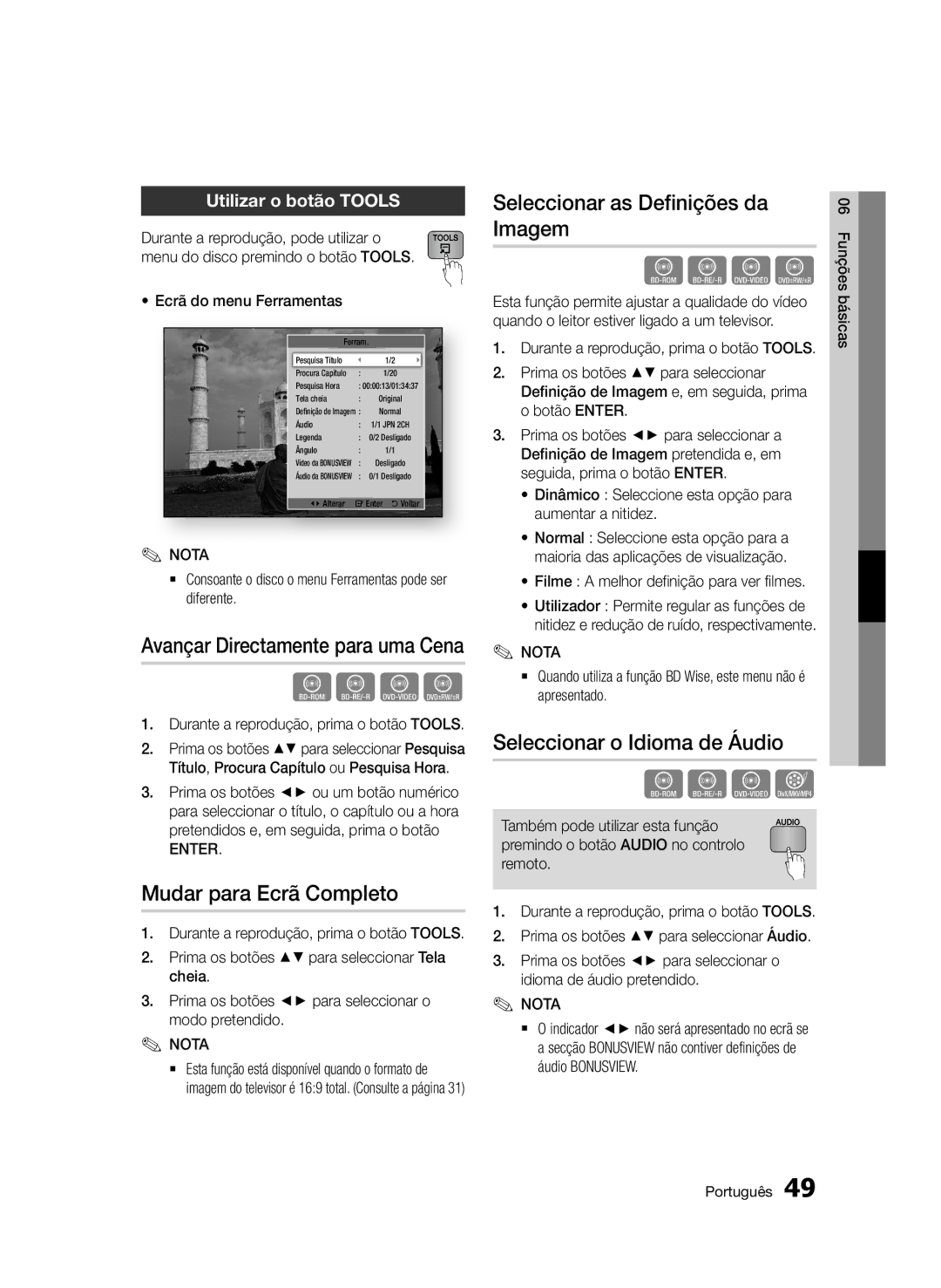 Samsung BD-D5500/ZF manual Mudar para Ecrã Completo, Seleccionar as Definições da Imagem, Seleccionar o Idioma de Áudio 