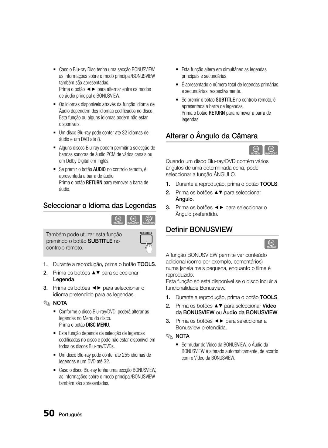 Samsung BD-D5500/ZN, BD-D5500/EN manual Seleccionar o Idioma das Legendas, Alterar o Ângulo da Câmara, Definir Bonusview 