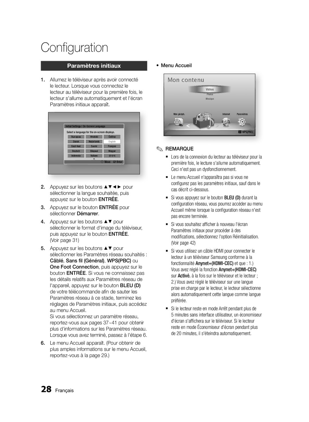 Samsung BD-D5500/ZF manual Configuration, Paramètres initiaux, Appuyez sur le bouton Entrée pour sélectionner Démarrer 