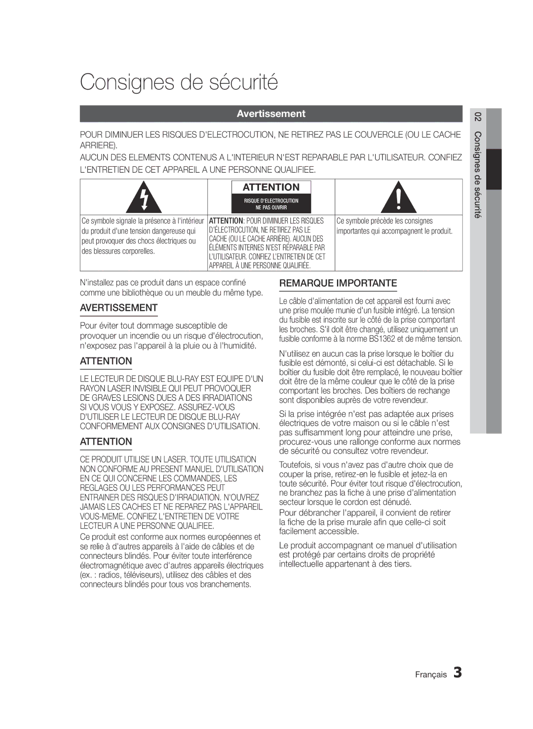 Samsung BD-D5500/EN, BD-D5500/ZF, BD-D5500/ZN manual Consignes de sécurité, Avertissement 