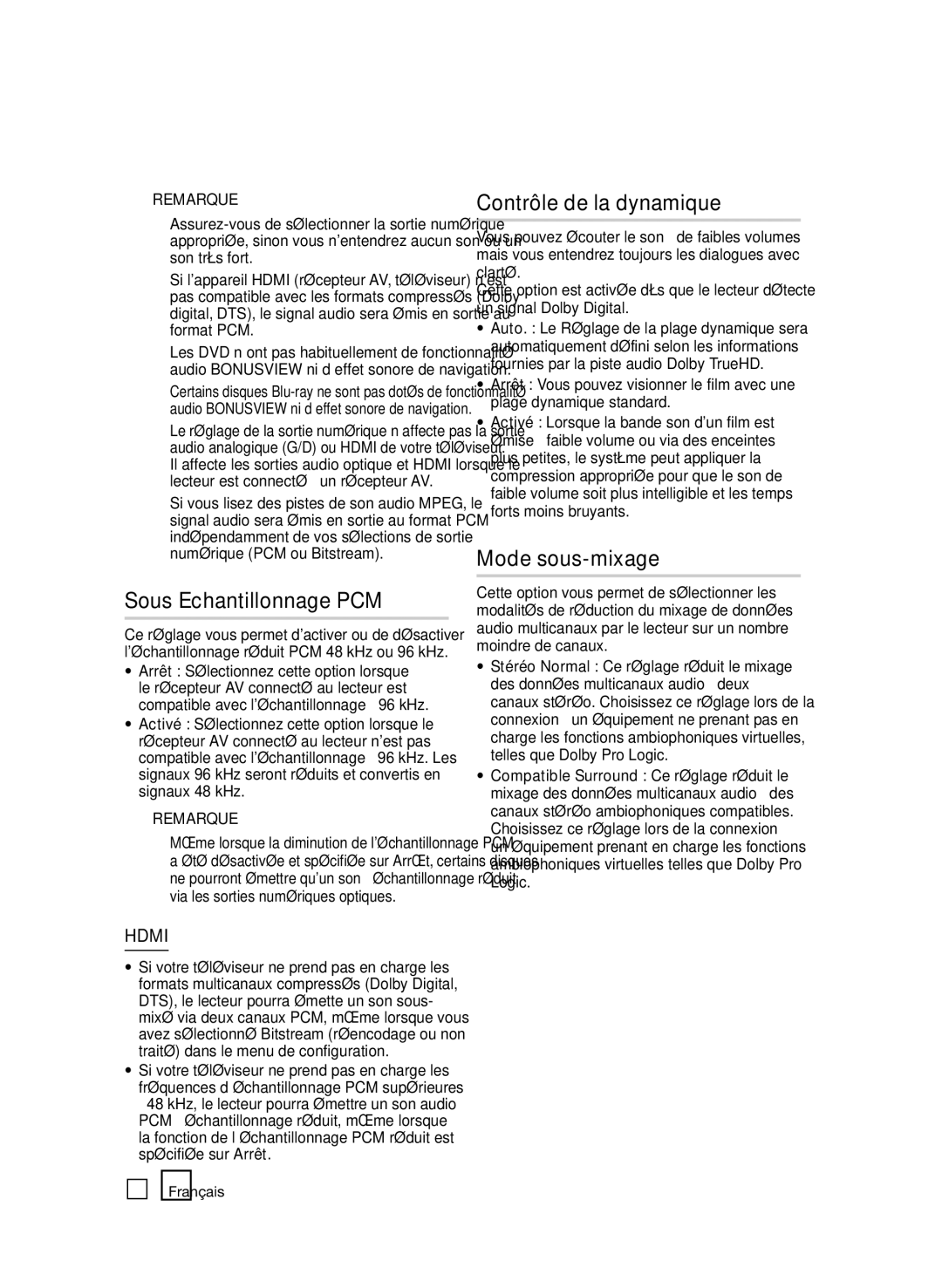 Samsung BD-D5500/EN, BD-D5500/ZF, BD-D5500/ZN manual Sous Echantillonnage PCM, Contrôle de la dynamique, Mode sous-mixage 