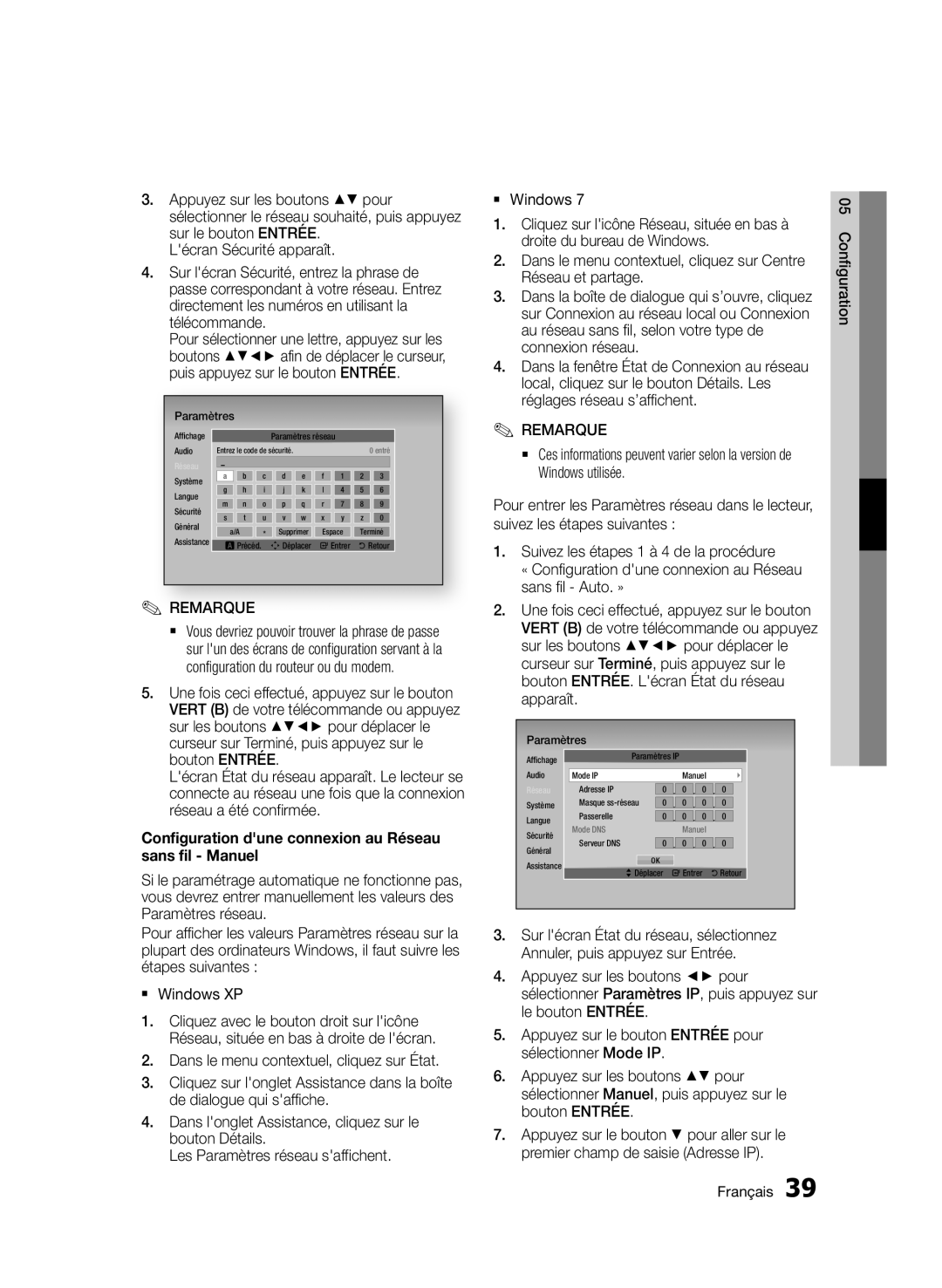 Samsung BD-D5500/EN, BD-D5500/ZF manual Configuration dune connexion au Réseau sans fil Manuel, Droite du bureau de Windows 