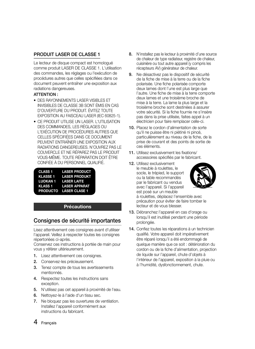 Samsung BD-D5500/ZF, BD-D5500/EN, BD-D5500/ZN manual Consignes de sécurité importantes, Précautions 