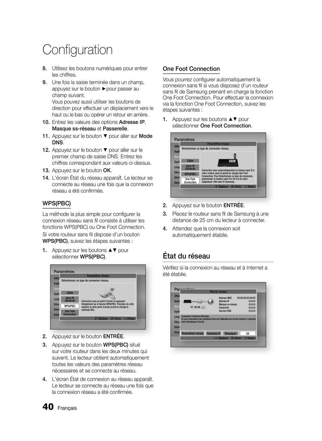 Samsung BD-D5500/ZF, BD-D5500/EN État du réseau, One Foot Connection, Appuyez sur les boutons pour sélectionner WPSPBC 