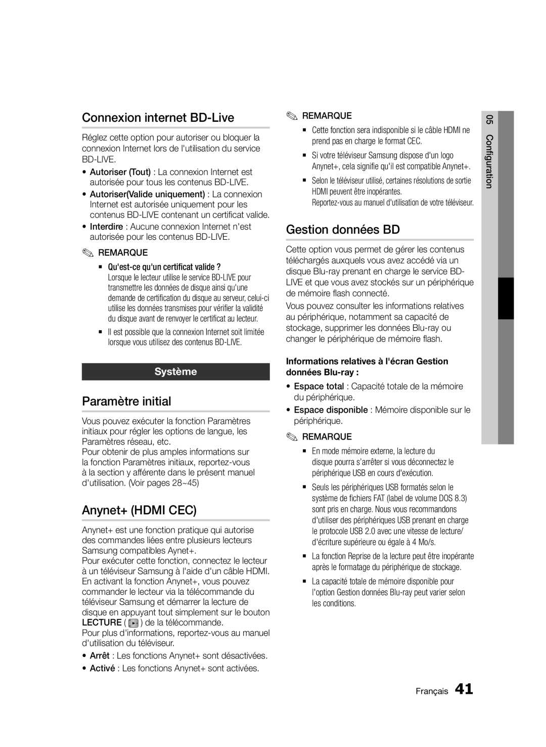 Samsung BD-D5500/ZN manual Connexion internet BD-Live, Paramètre initial, Anynet+ Hdmi CEC, Gestion données BD, Système 