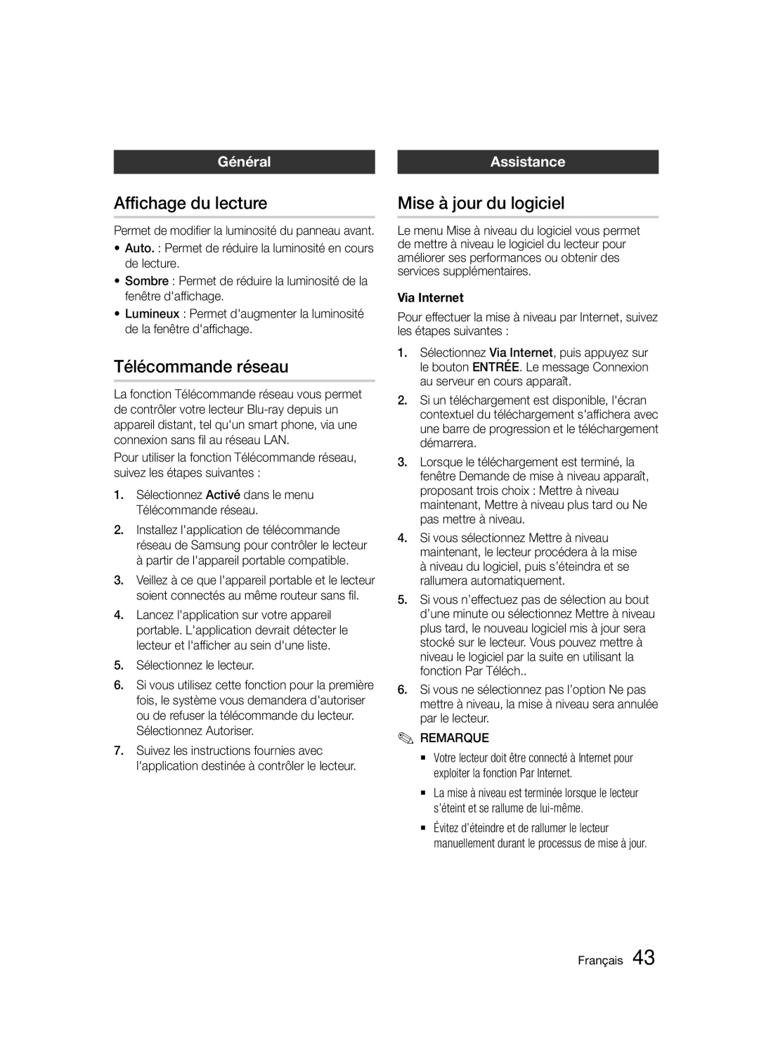 Samsung BD-D5500/ZF, BD-D5500/EN Affichage du lecture, Télécommande réseau, Mise à jour du logiciel, Général, Assistance 