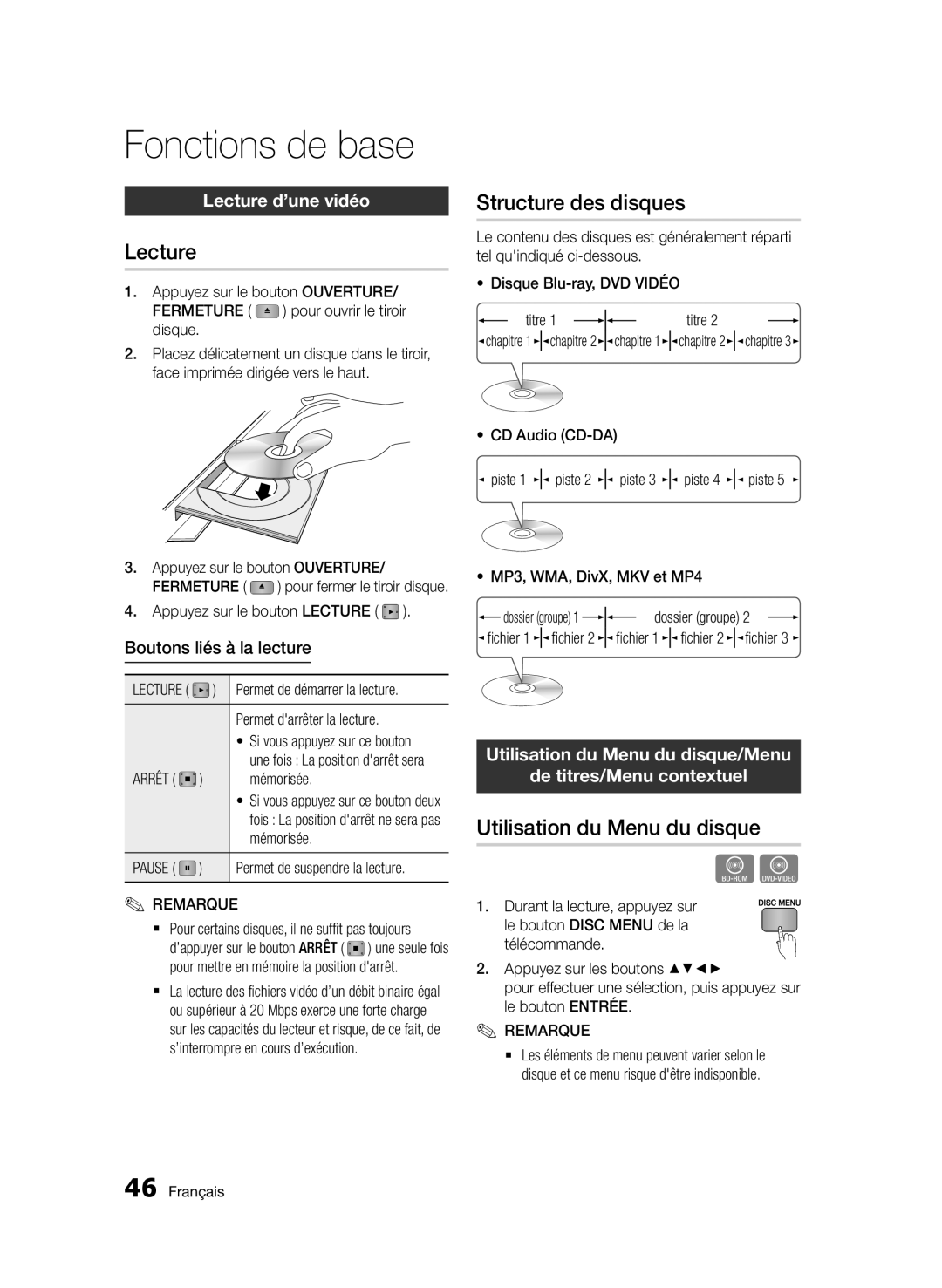 Samsung BD-D5500/ZF manual Fonctions de base, Structure des disques, Utilisation du Menu du disque, Lecture d’une vidéo 