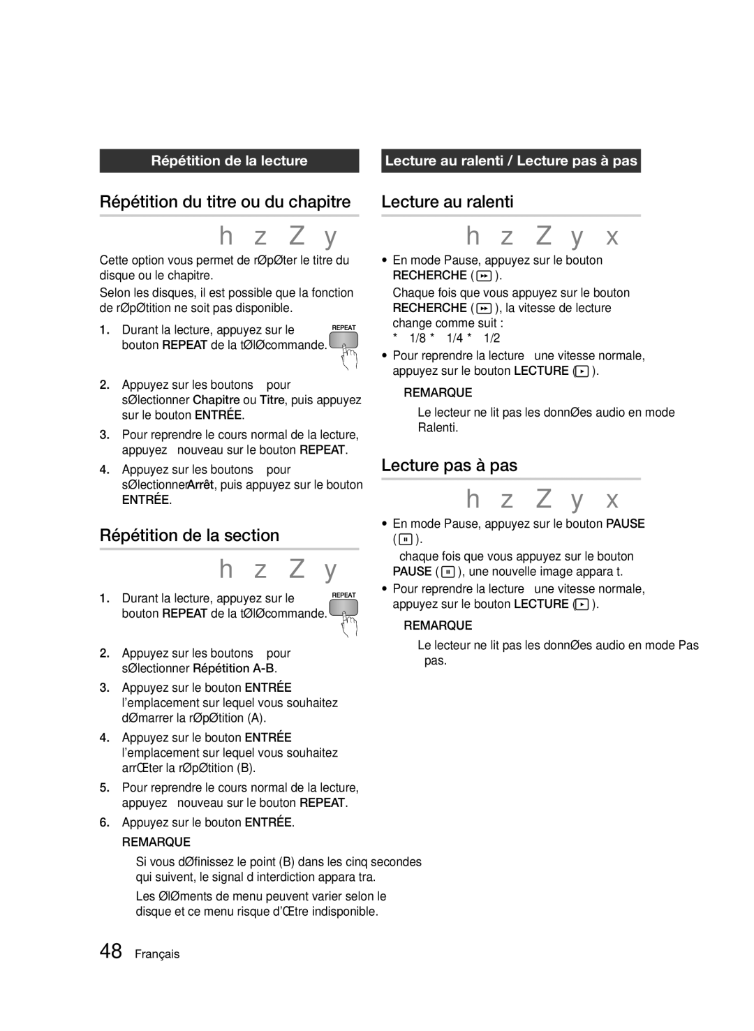 Samsung BD-D5500/EN Répétition du titre ou du chapitre, Répétition de la section, Lecture au ralenti, Lecture pas à pas 