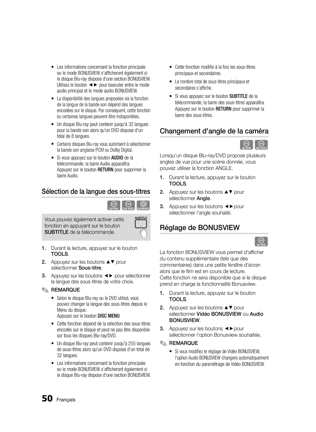 Samsung BD-D5500/ZN, BD-D5500/EN, BD-D5500/ZF manual Changement dangle de la caméra, Réglage de Bonusview 