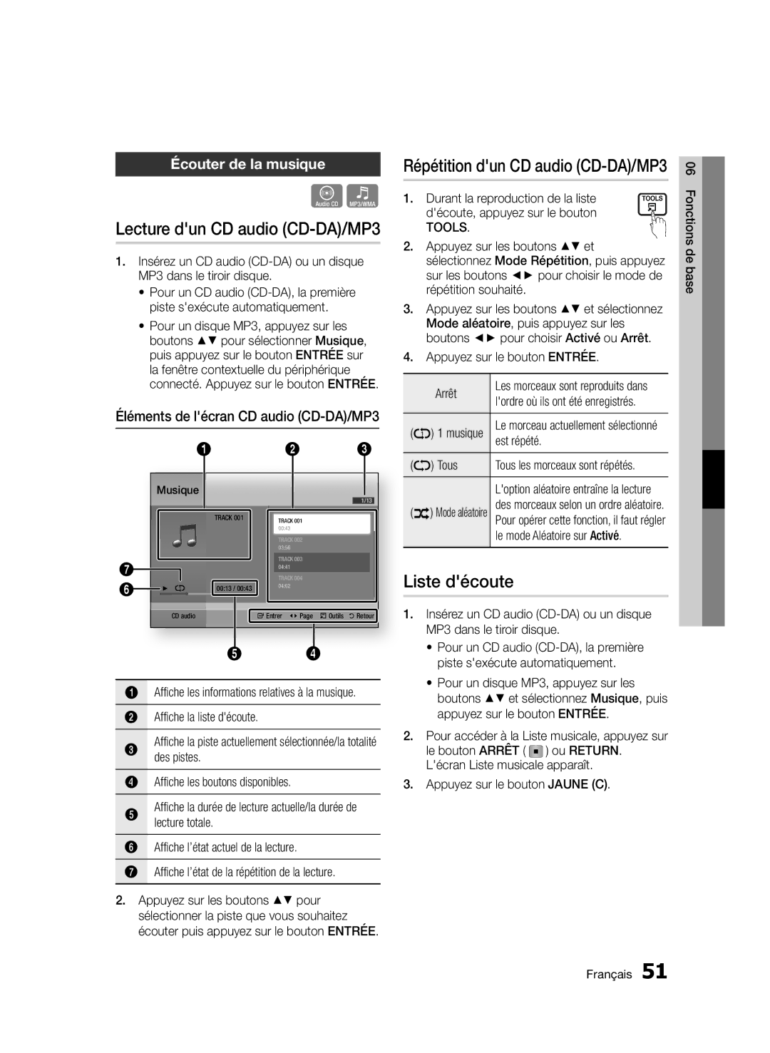 Samsung BD-D5500/EN, BD-D5500/ZF, BD-D5500/ZN manual Liste découte, Écouter de la musique 