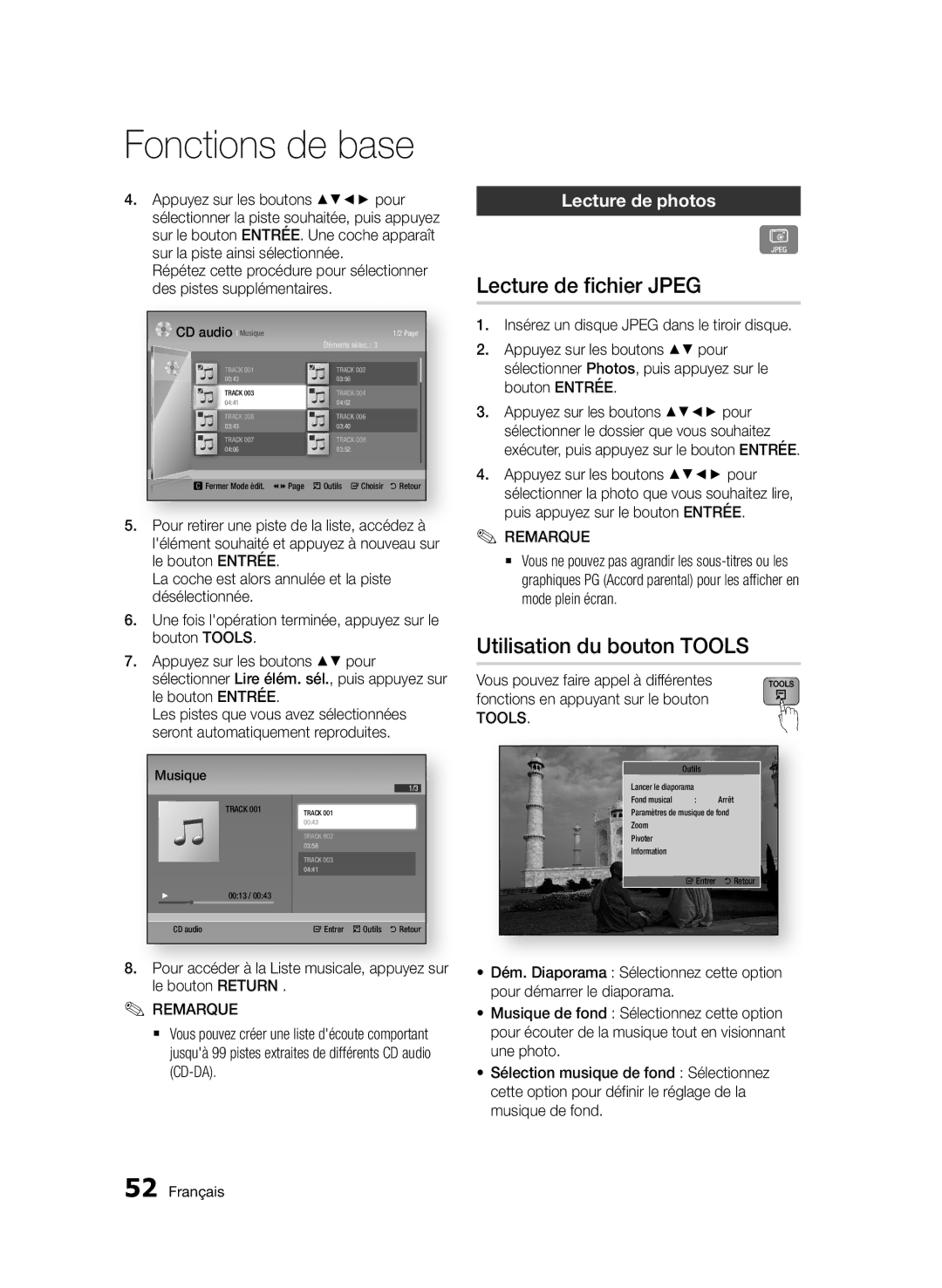 Samsung BD-D5500/ZF, BD-D5500/EN, BD-D5500/ZN manual Lecture de fichier Jpeg, Utilisation du bouton TOOLS, Lecture de photos 