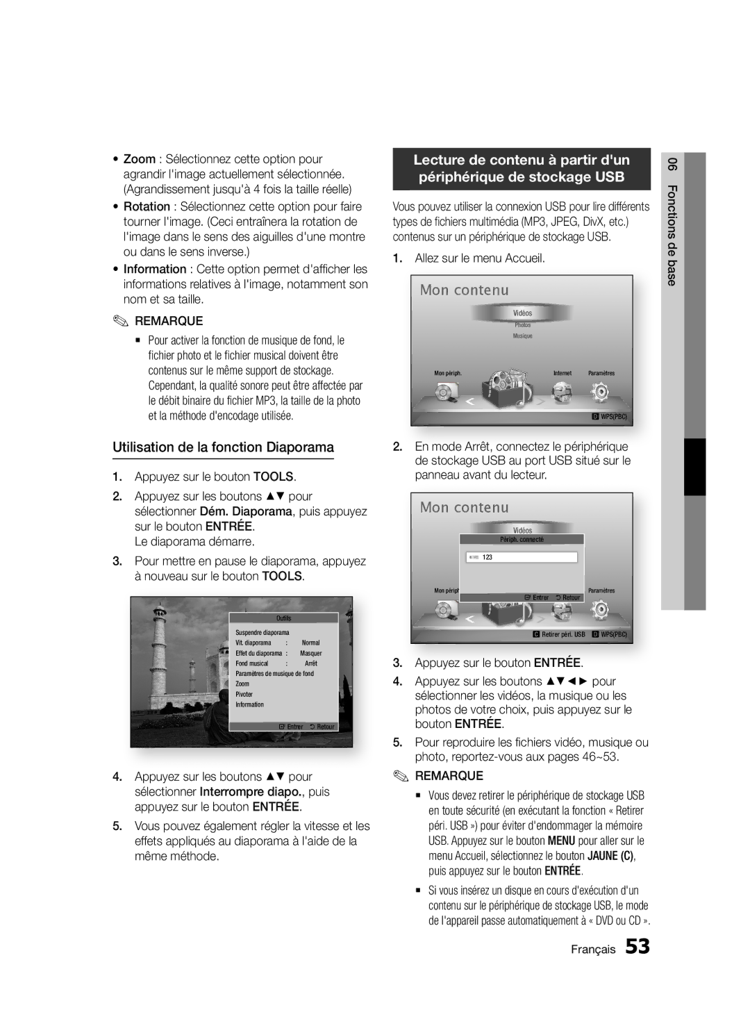 Samsung BD-D5500/ZN, BD-D5500/EN manual Utilisation de la fonction Diaporama, Allez sur le menu Accueil, Bouton ENTRÉE 