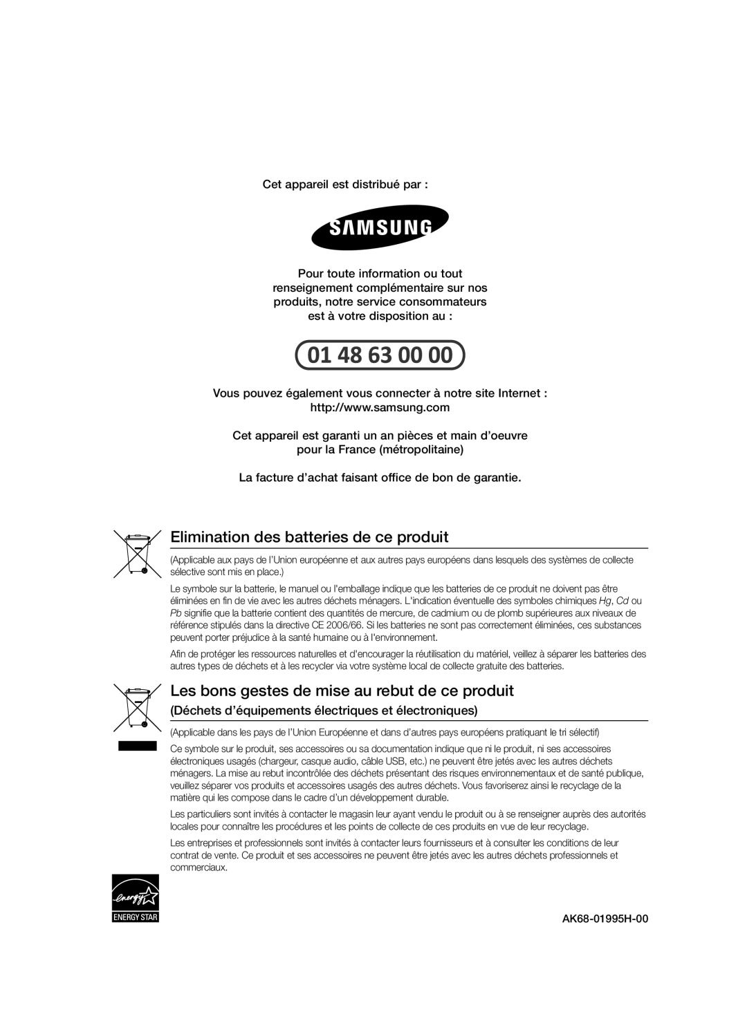 Samsung BD-D5500/ZF, BD-D5500/EN, BD-D5500/ZN manual Elimination des batteries de ce produit 