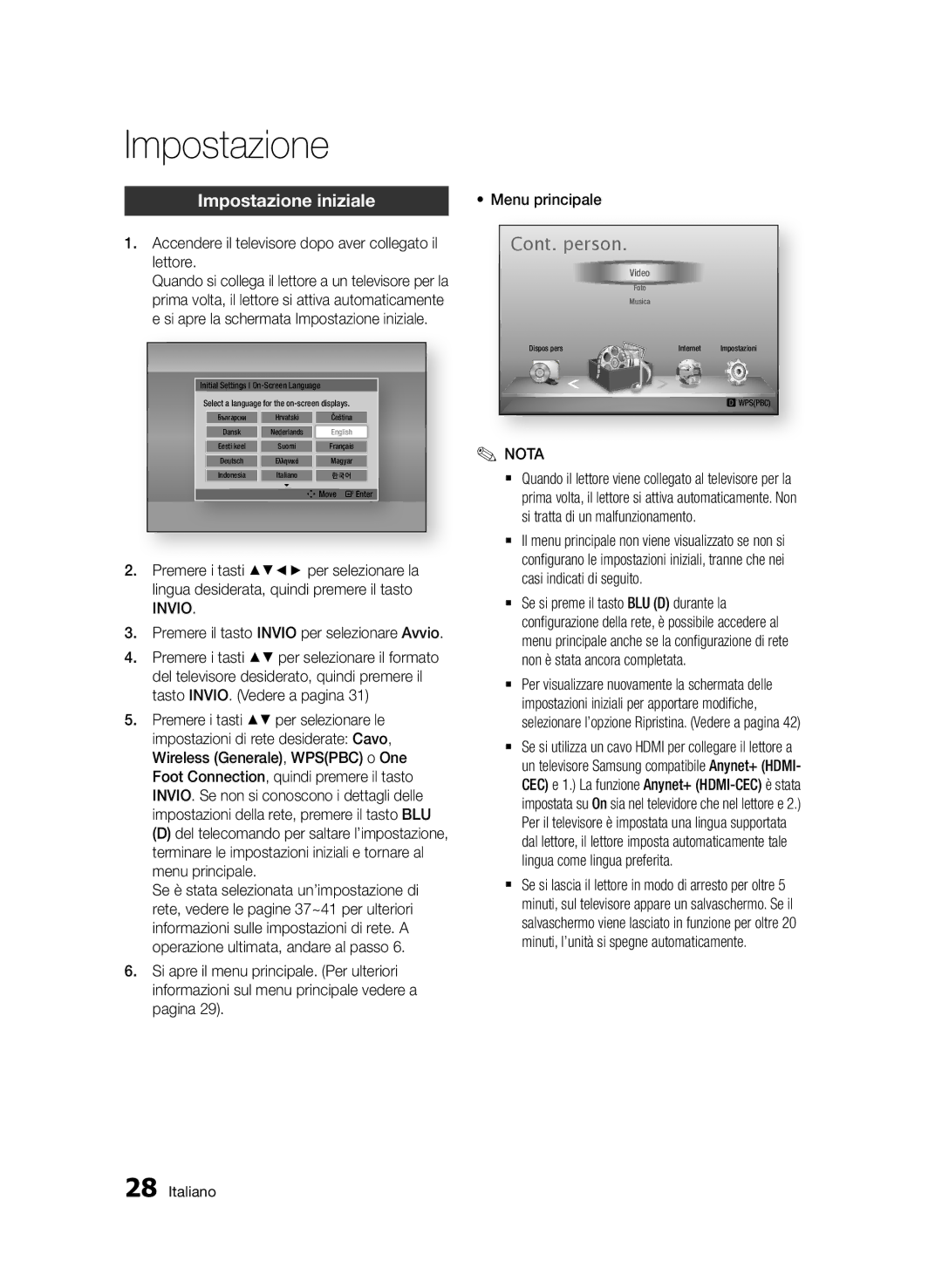 Samsung BD-D5500/ZN, BD-D5500/EN Impostazione iniziale, Accendere il televisore dopo aver collegato il lettore, Invio 