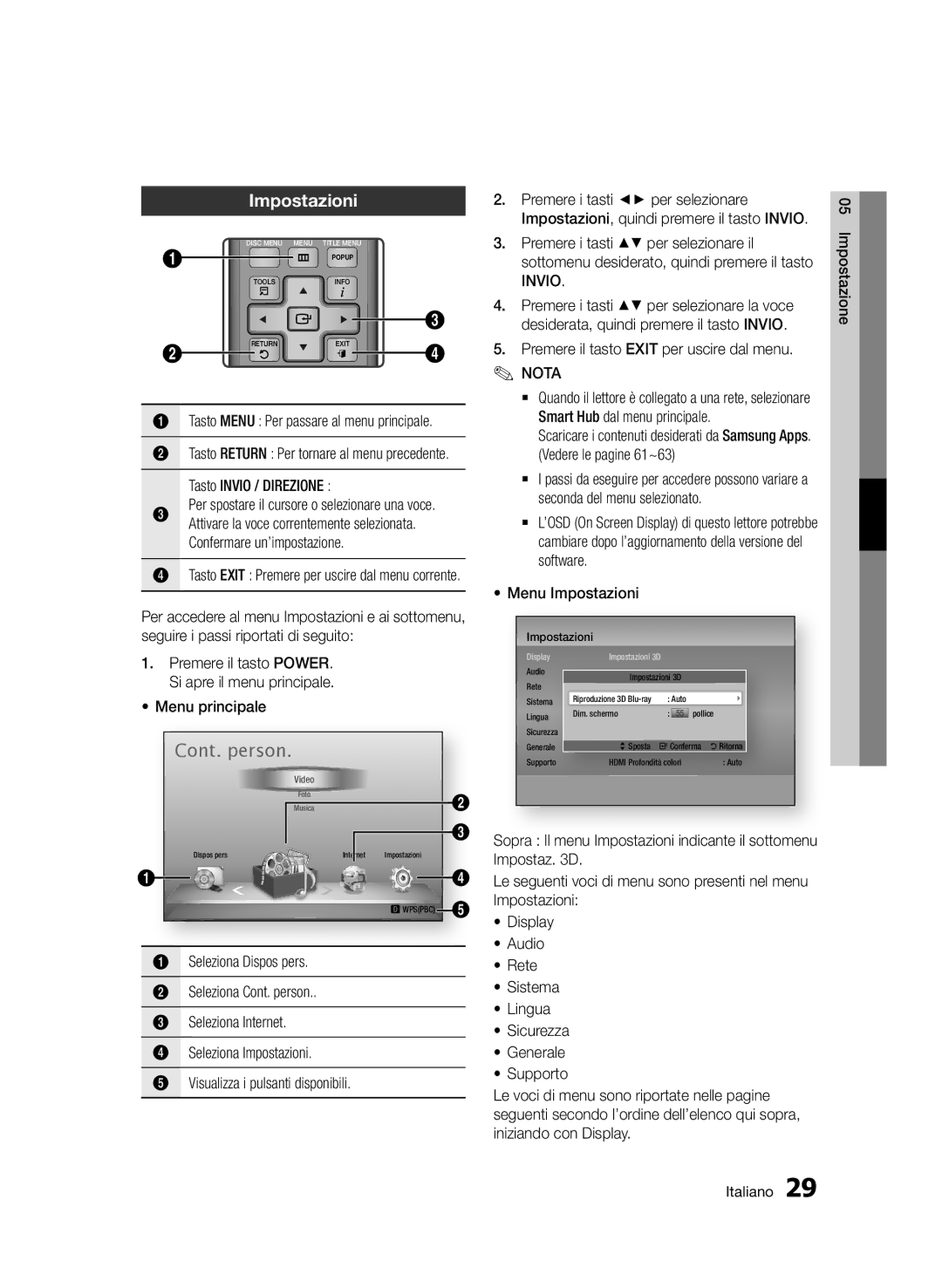 Samsung BD-D5500/EN, BD-D5500/ZF, BD-D5500/ZN manual Premere il tasto Exit per uscire dal menu, Menu Impostazioni 