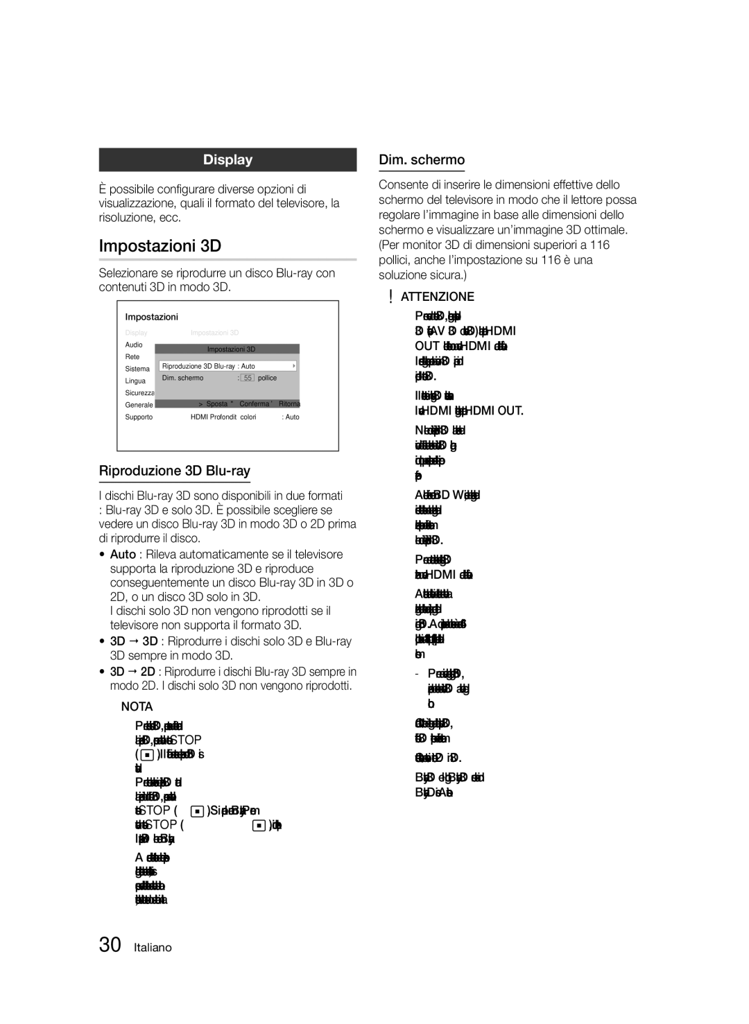 Samsung BD-D5500/ZF, BD-D5500/EN, BD-D5500/ZN manual Impostazioni 3D, Display, Riproduzione 3D Blu-ray, Dim. schermo 