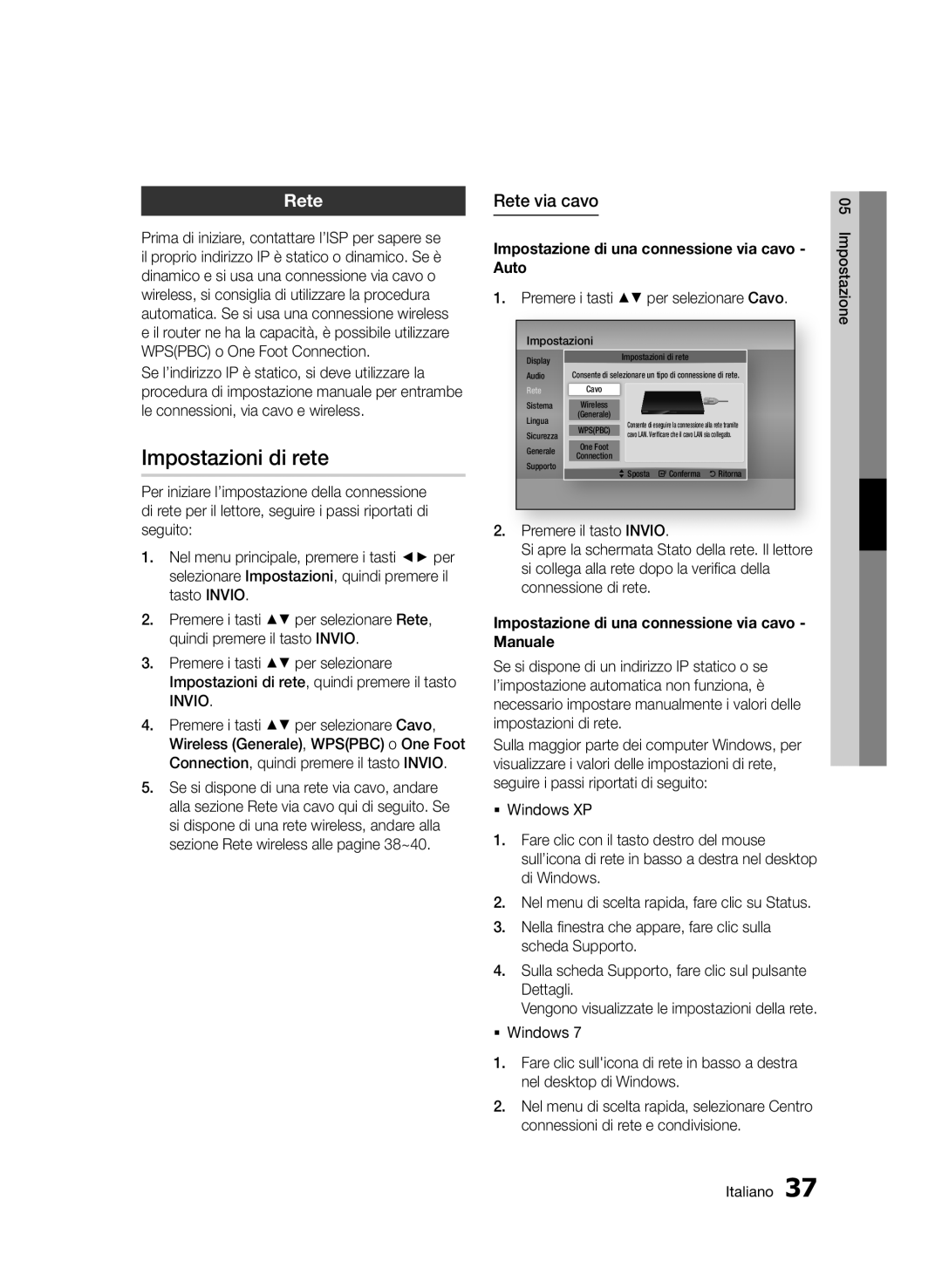 Samsung BD-D5500/ZN, BD-D5500/EN Impostazioni di rete, Rete via cavo, Impostazione di una connessione via cavo Auto 