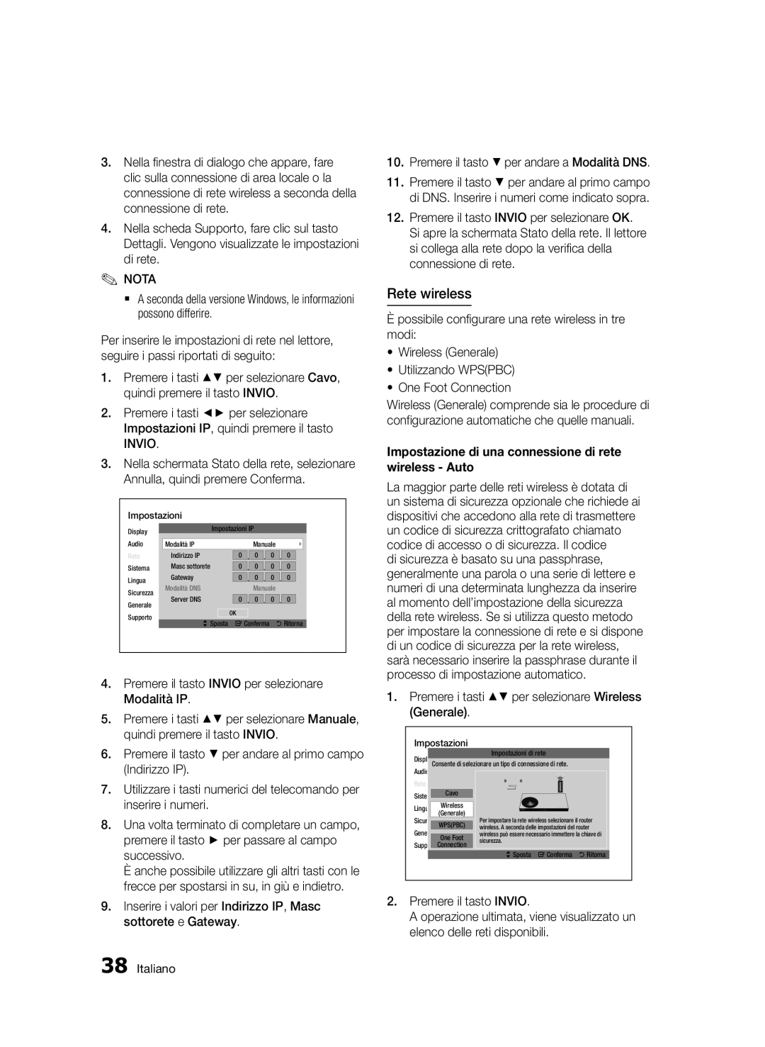 Samsung BD-D5500/EN manual Rete wireless, Impostazione di una connessione di rete wireless Auto, Premere il tasto Invio 