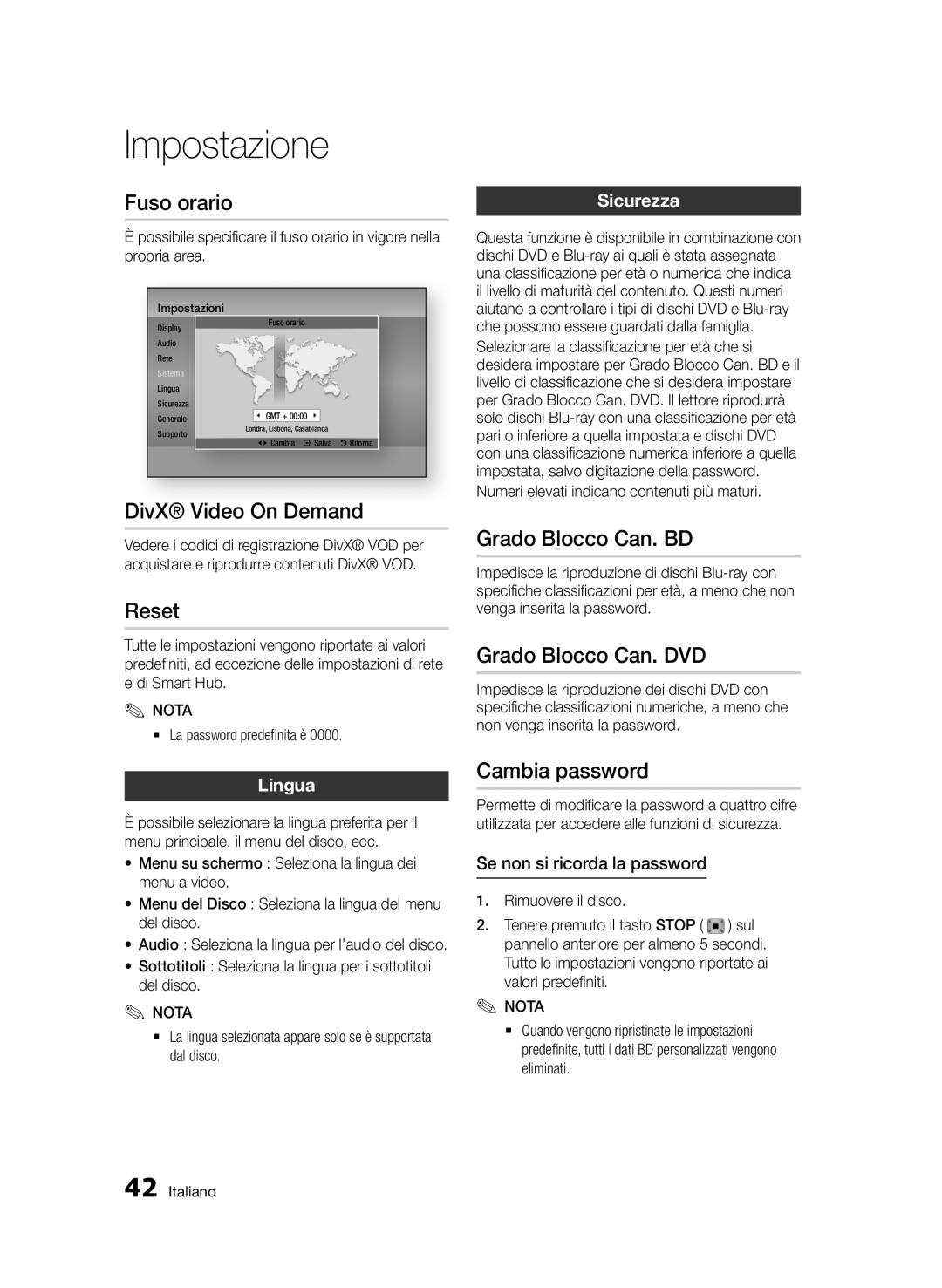Samsung BD-D5500/ZF Fuso orario, DivX Video On Demand, Reset, Grado Blocco Can. BD, Grado Blocco Can. DVD, Cambia password 