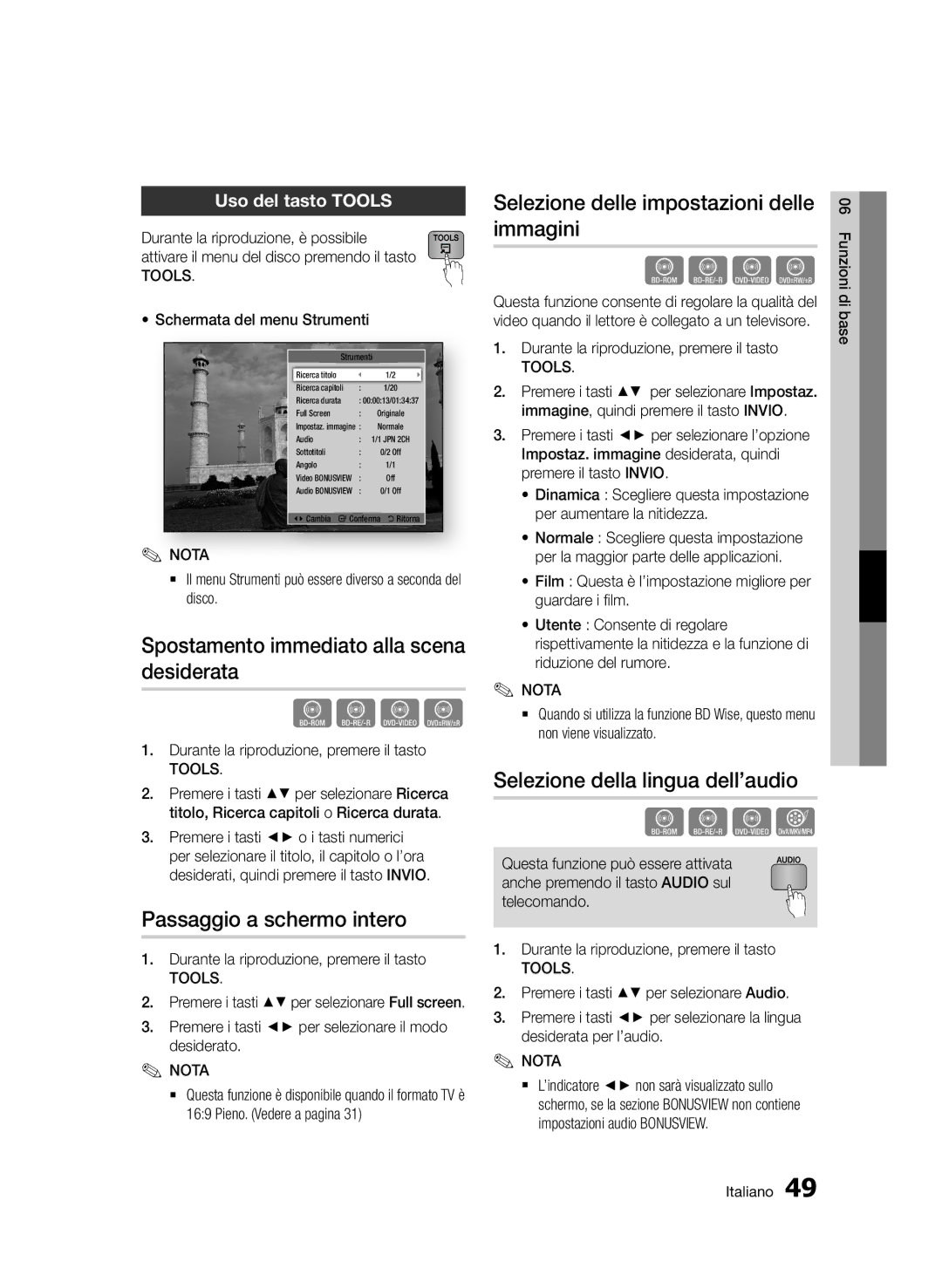 Samsung BD-D5500/ZN manual Spostamento immediato alla scena desiderata, Passaggio a schermo intero, Uso del tasto Tools 