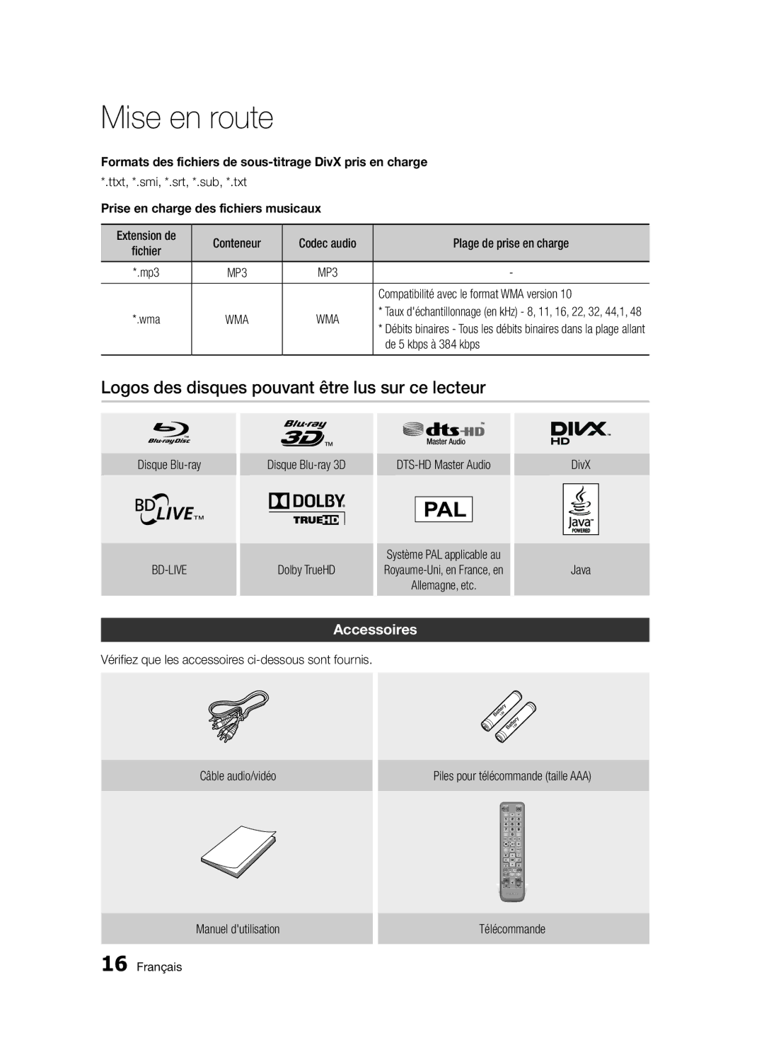 Samsung BD-D5500/ZF Logos des disques pouvant être lus sur ce lecteur, Accessoires, Prise en charge des fichiers musicaux 