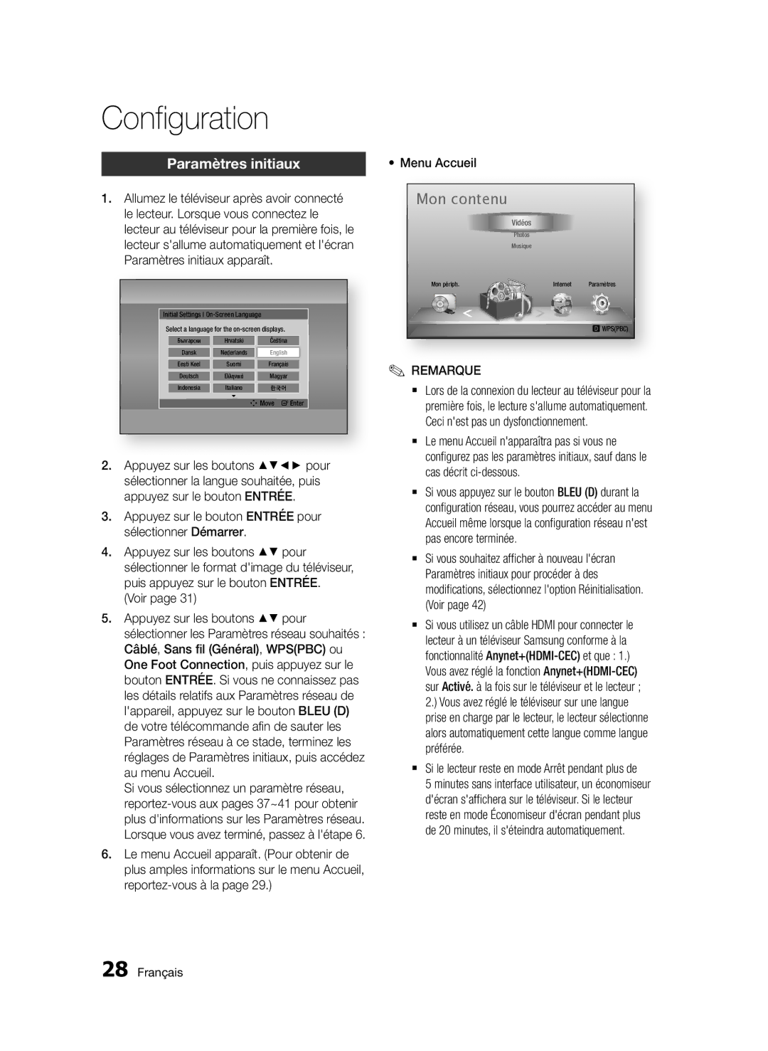 Samsung BD-D5500/ZF manual Configuration, Paramètres initiaux, Appuyez sur le bouton Entrée pour sélectionner Démarrer 