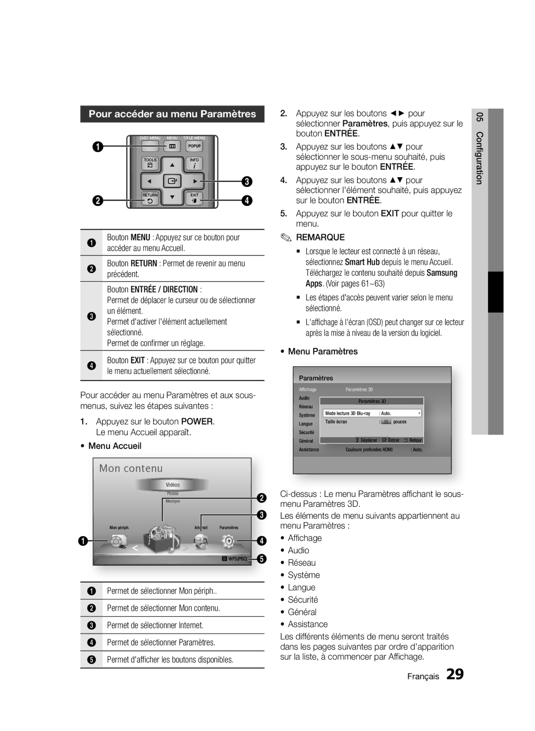 Samsung BD-D5500/ZN, BD-D5500/EN, BD-D5500/ZF manual Pour accéder au menu Paramètres 