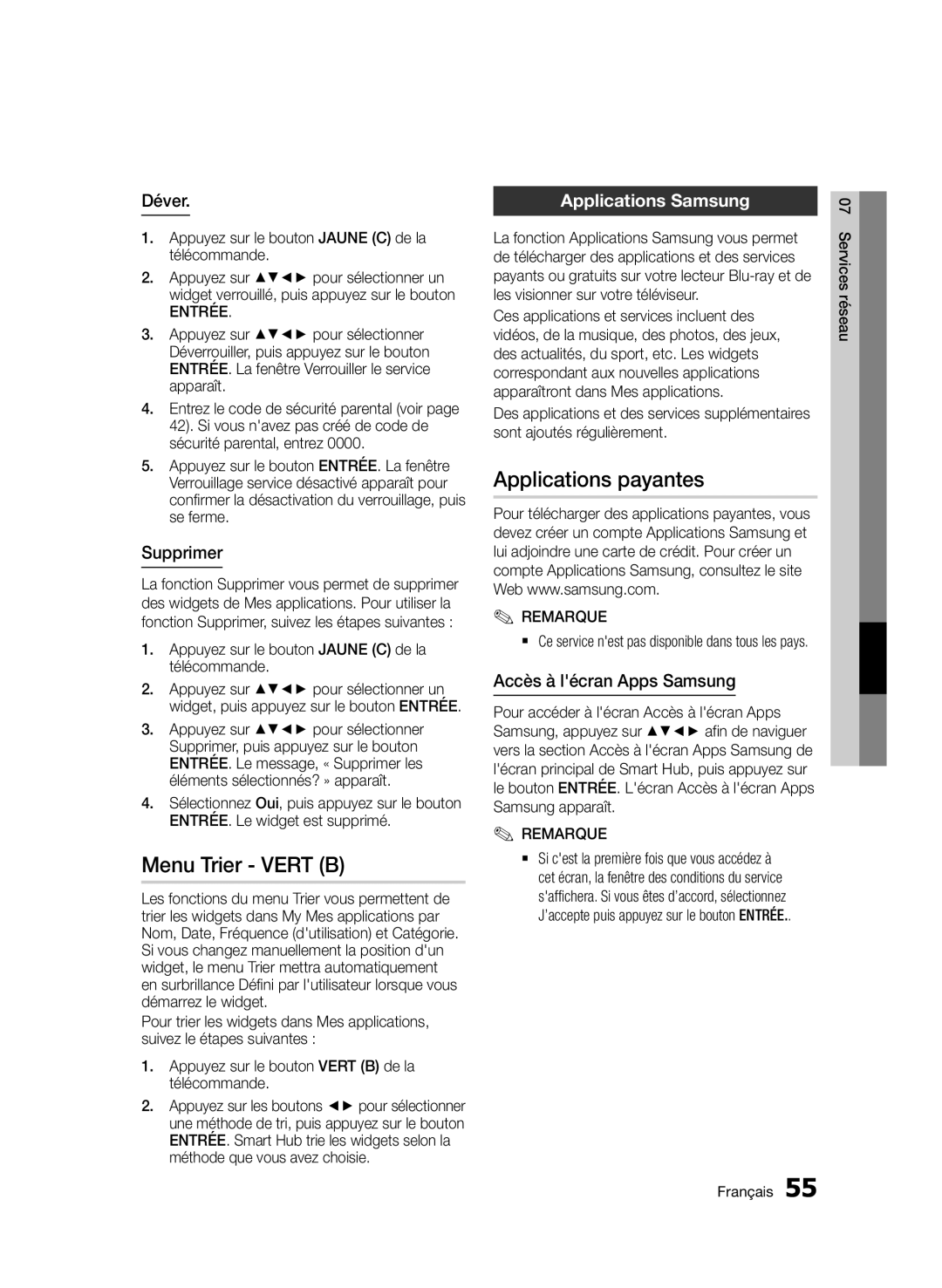 Samsung BD-D5500/ZF, BD-D5500/EN, BD-D5500/ZN manual Menu Trier Vert B, Applications payantes, Applications Samsung 