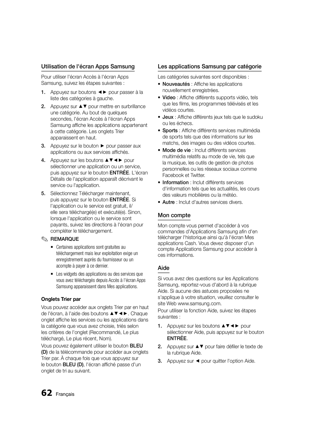 Samsung BD-D5500/ZN manual Utilisation de lécran Apps Samsung, Les applications Samsung par catégorie, Mon compte, Aide 