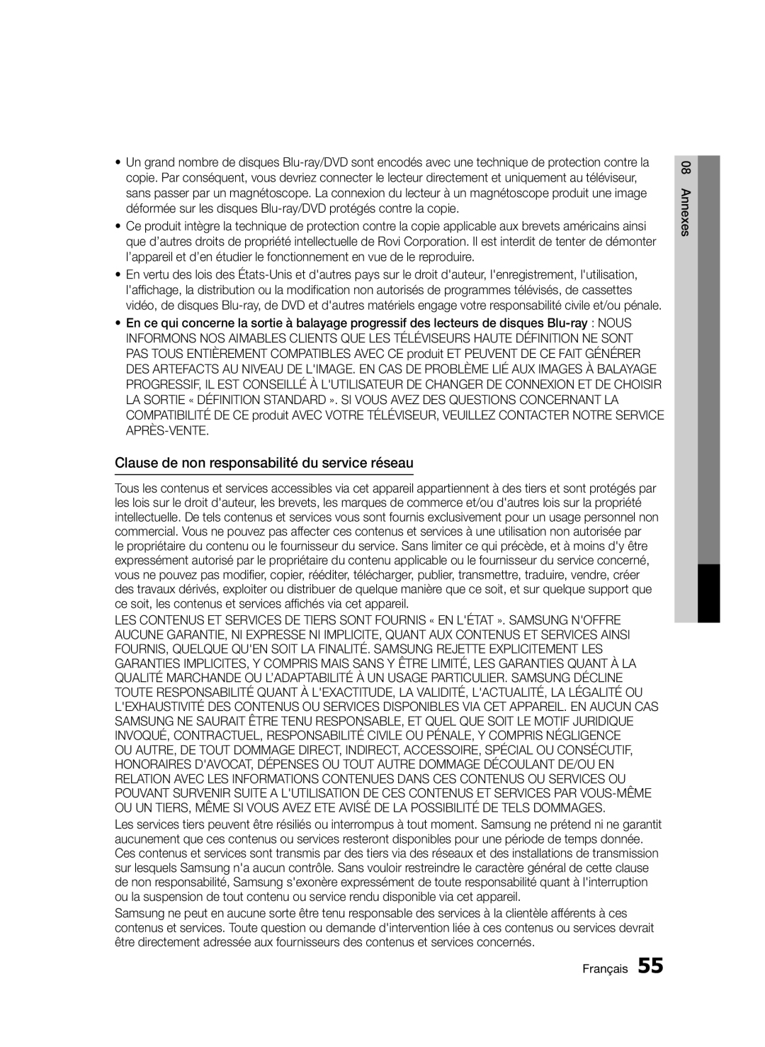 Samsung BD-D5500/EN, BD-D5500/ZF, BD-D5500/ZN manual Clause de non responsabilité du service réseau 