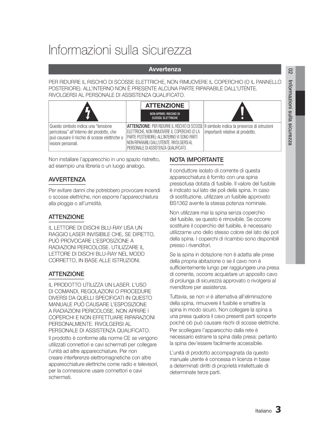 Samsung BD-D5500/ZF, BD-D5500/EN, BD-D5500/ZN manual Informazioni sulla sicurezza, Avvertenza 