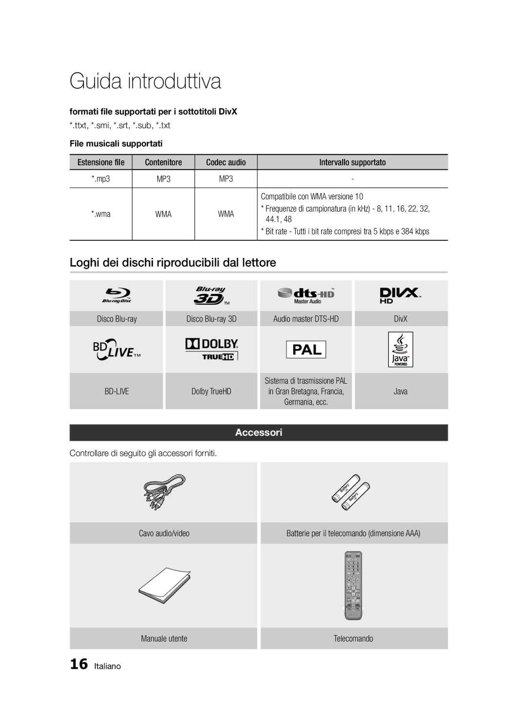 Samsung BD-D5500/ZN Loghi dei dischi riproducibili dal lettore, Accessori, Formati file supportati per i sottotitoli DivX 