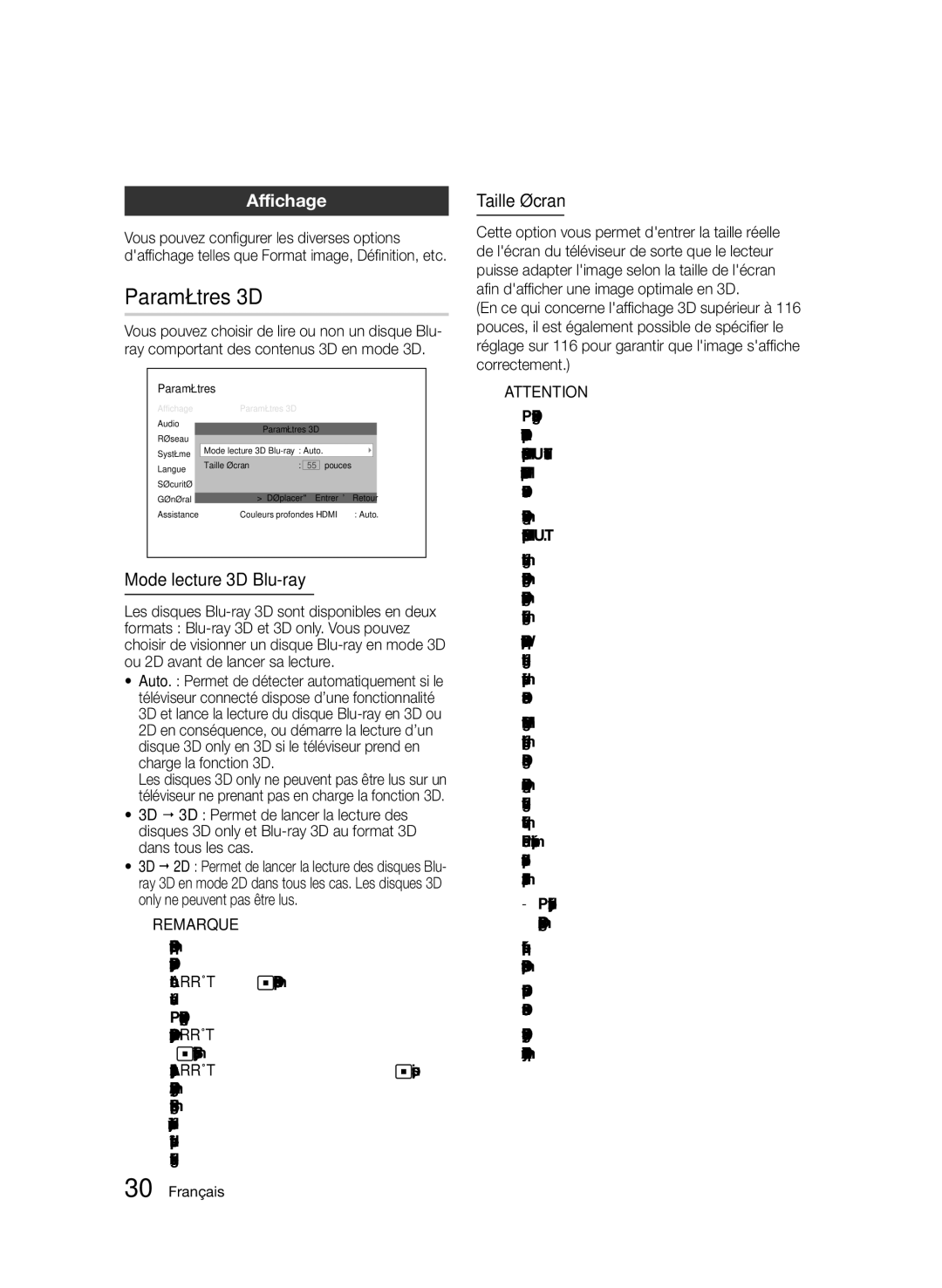 Samsung BD-D5500/EN, BD-D5500/ZF, BD-D5500/ZN manual Paramètres 3D, Affichage, Mode lecture 3D Blu-ray, Taille écran, Arrêt 