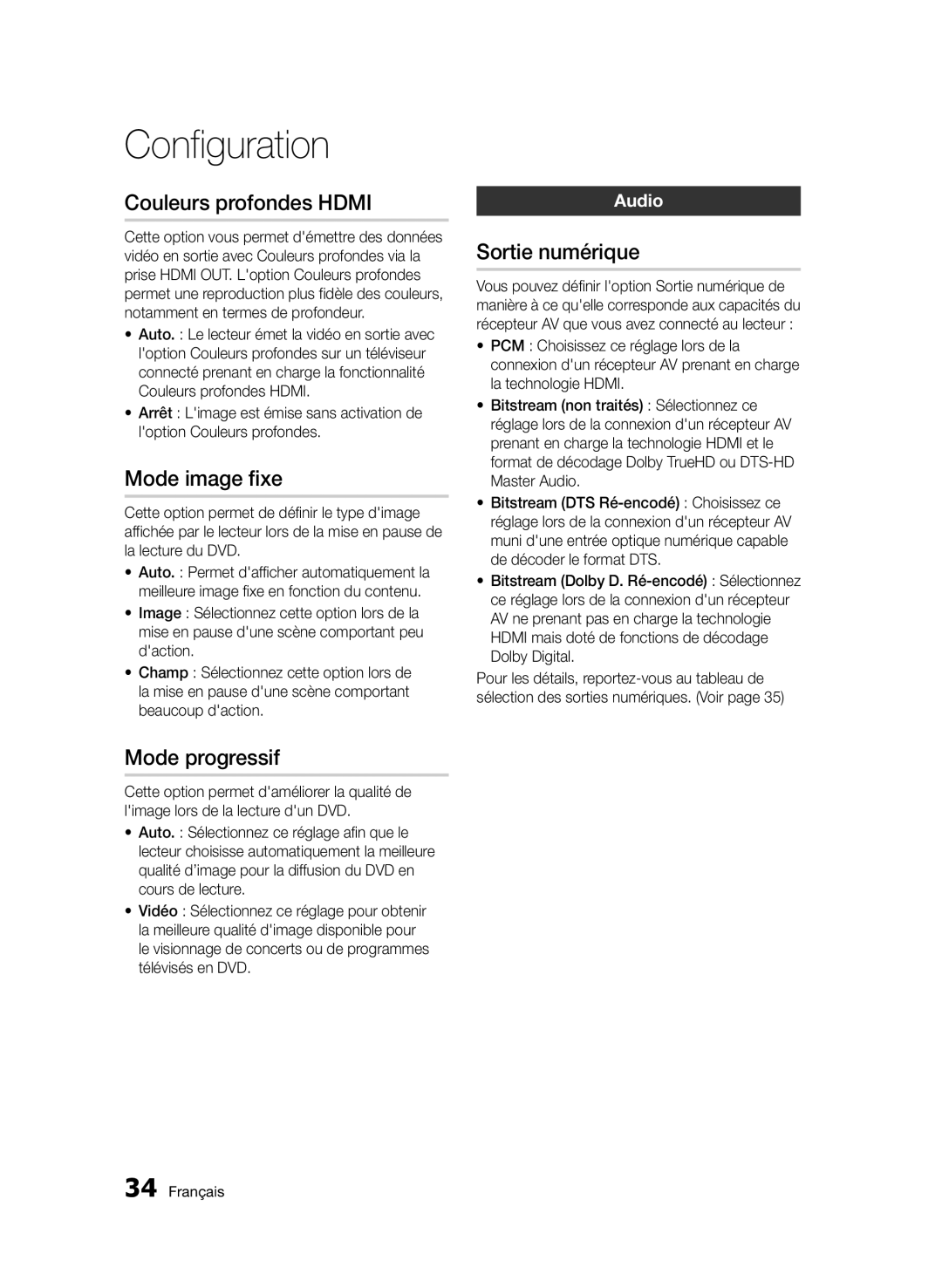 Samsung BD-D5500/ZF, BD-D5500/EN, BD-D5500/ZN Couleurs profondes Hdmi, Mode image fixe, Mode progressif, Sortie numérique 