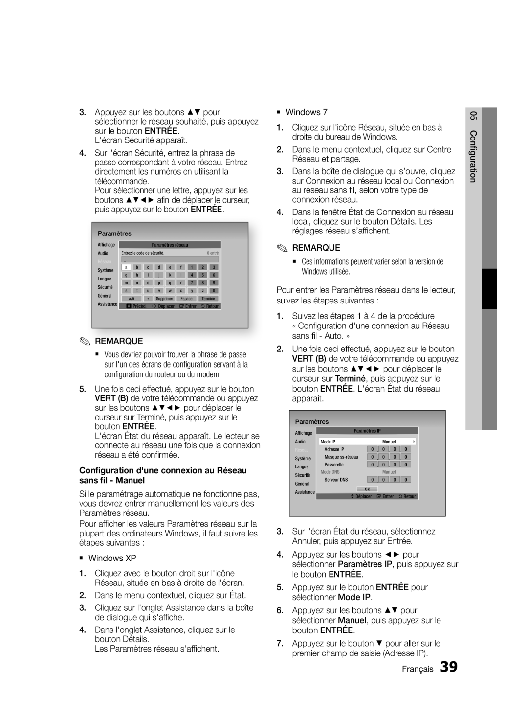 Samsung BD-D5500/EN, BD-D5500/ZF manual Configuration dune connexion au Réseau sans fil Manuel, Droite du bureau de Windows 