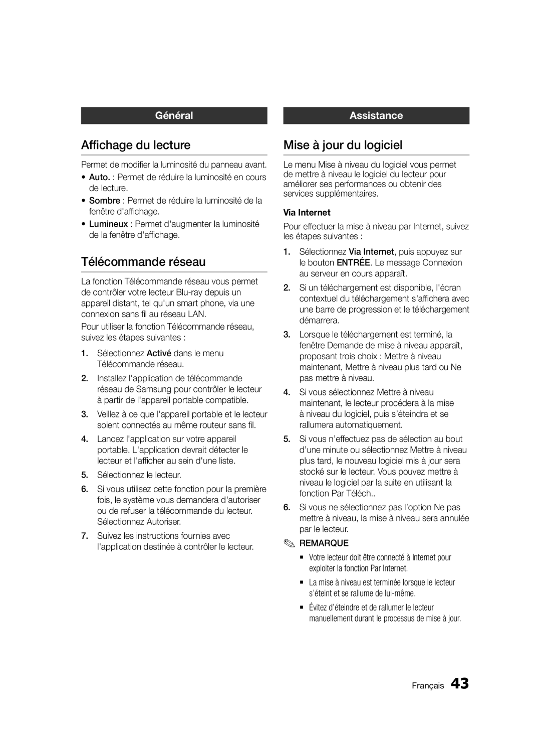 Samsung BD-D5500/ZF, BD-D5500/EN Affichage du lecture, Télécommande réseau, Mise à jour du logiciel, Général, Assistance 