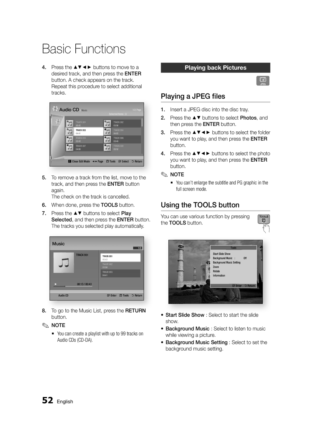 Samsung BD-D5500/ZF, BD-D5500/EN, BD-D5500/ZN manual Playing a Jpeg files, Using the Tools button, Playing back Pictures 