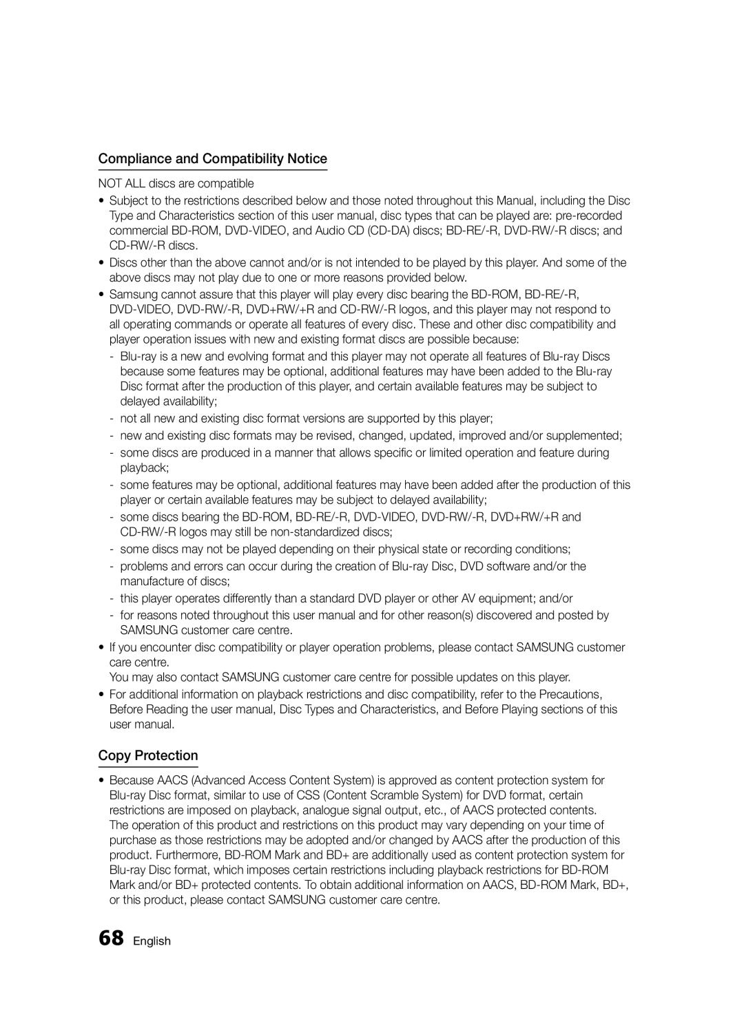 Samsung BD-D5500/ZN, BD-D5500/EN, BD-D5500/ZF manual Compliance and Compatibility Notice, Copy Protection 