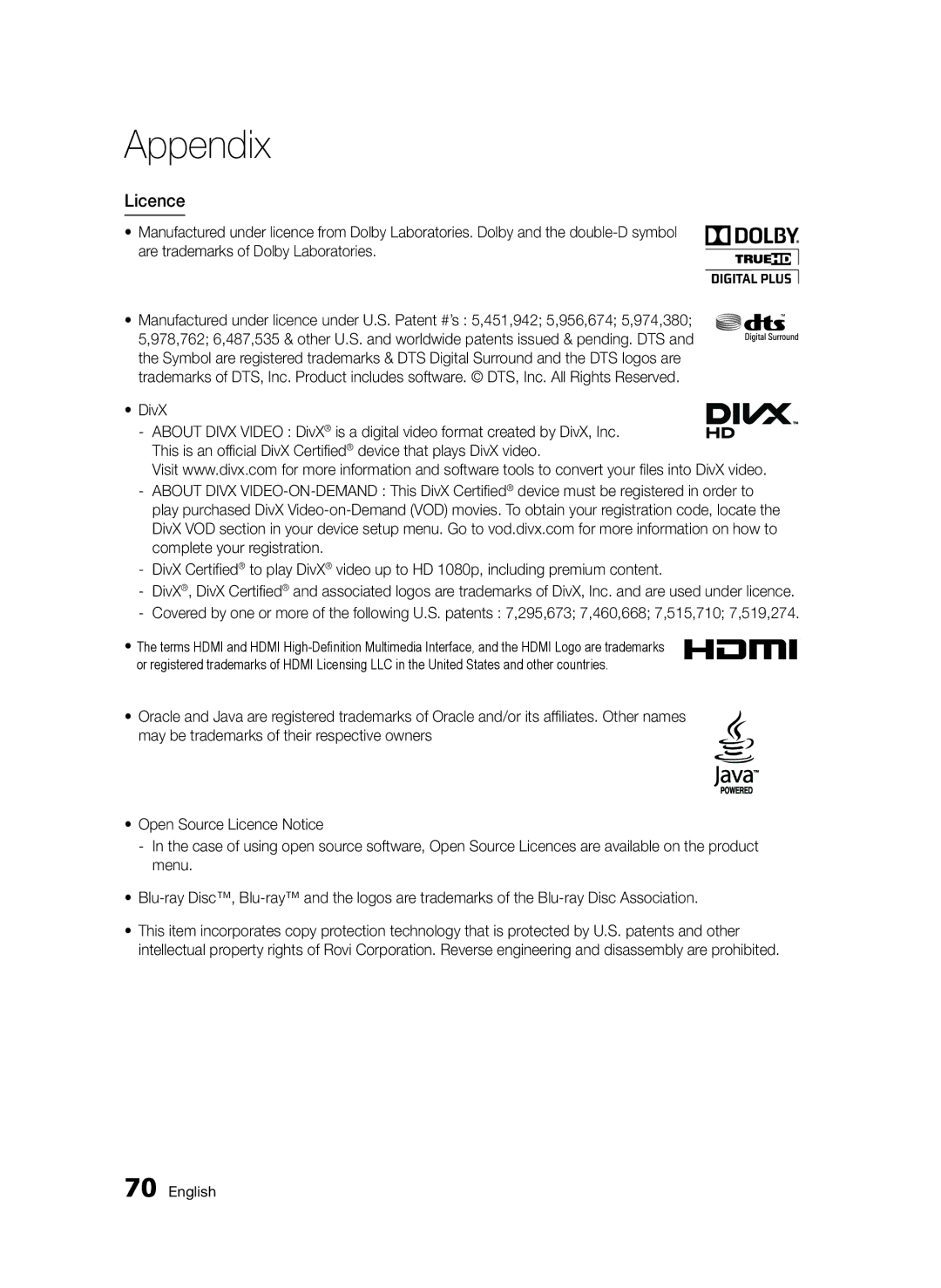 Samsung BD-D5500/ZF, BD-D5500/EN, BD-D5500/ZN manual Licence, DivX 