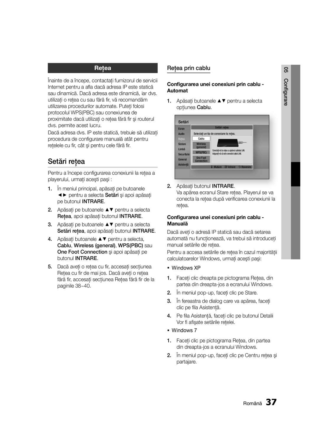 Samsung BD-D5500/EN manual Setări reţea, Reţea prin cablu, Configurarea unei conexiuni prin cablu Automat 