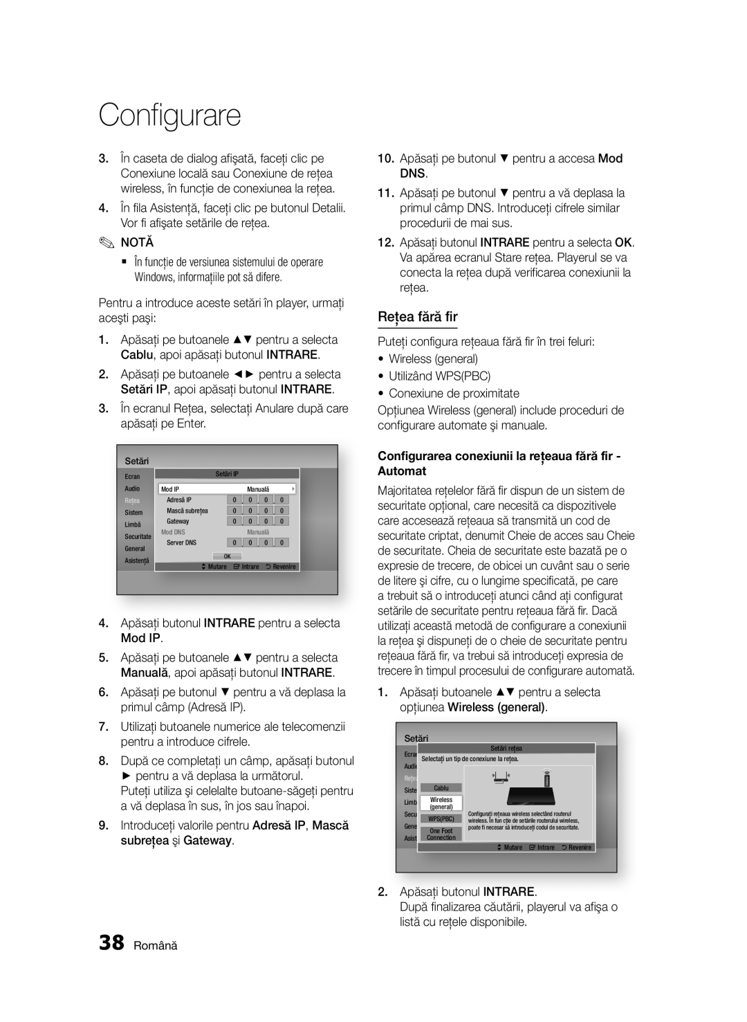 Samsung BD-D5500/EN manual Reţea fără fir, Apăsaţi butonul Intrare pentru a selecta Mod IP 