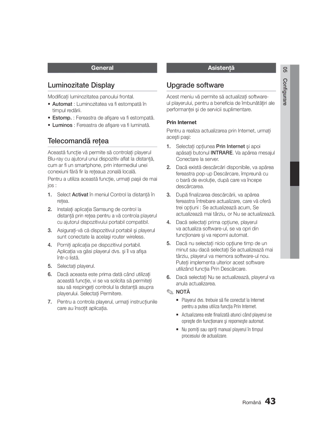 Samsung BD-D5500/EN manual Luminozitate Display, Telecomandă reţea, Upgrade software, General, Asistenţă 