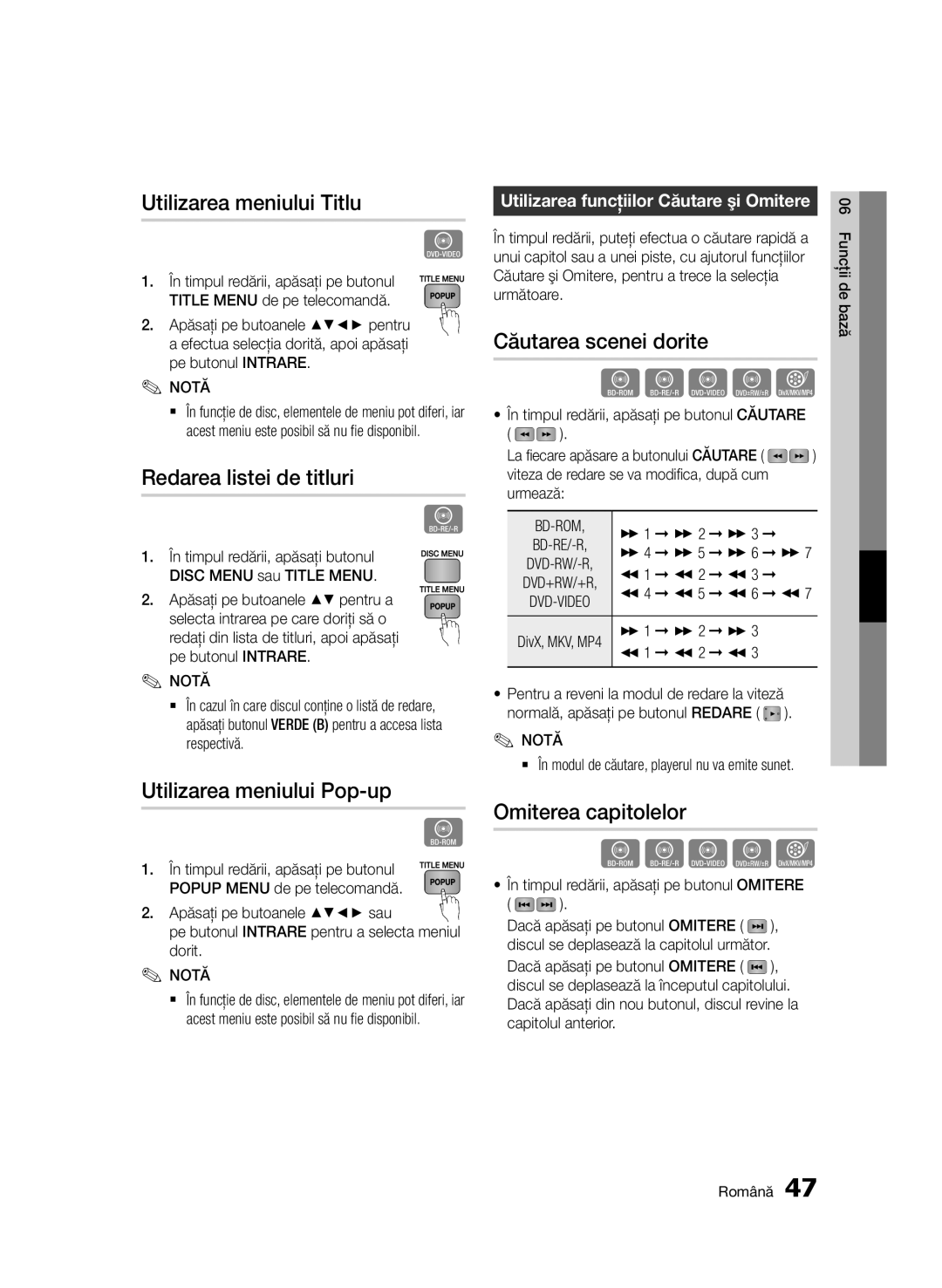 Samsung BD-D5500/EN Utilizarea meniului Titlu, Căutarea scenei dorite, Redarea listei de titluri, Omiterea capitolelor 