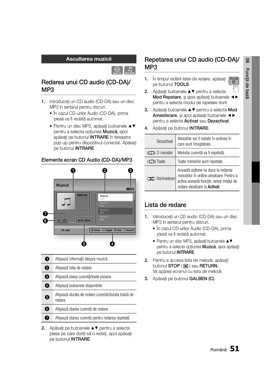 Samsung BD-D5500/EN manual Redarea unui CD audio CD-DA/ MP3, Repetarea unui CD audio CD-DA/ MP3, Lista de redare 