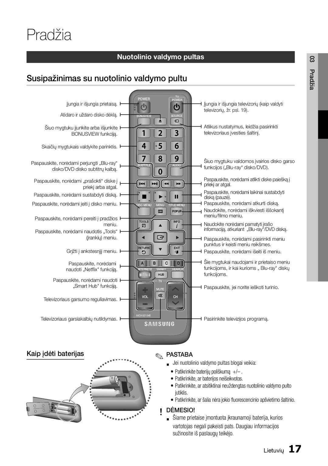 Samsung BD-D5500/EN manual Susipažinimas su nuotolinio valdymo pultu, Nuotolinio valdymo pultas, Kaip įdėti baterijas 