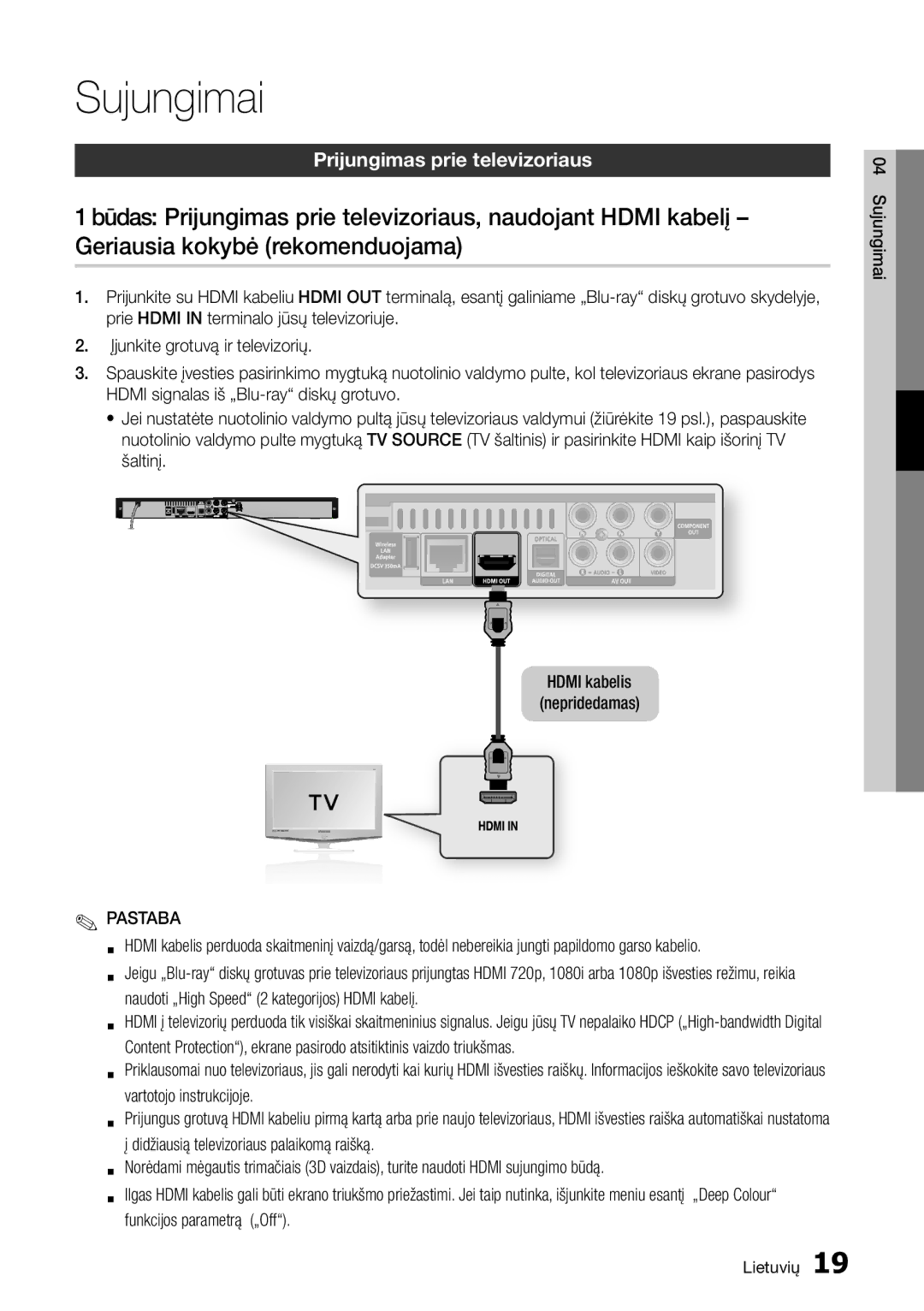 Samsung BD-D5500/EN manual Sujungimai, Prijungimas prie televizoriaus 