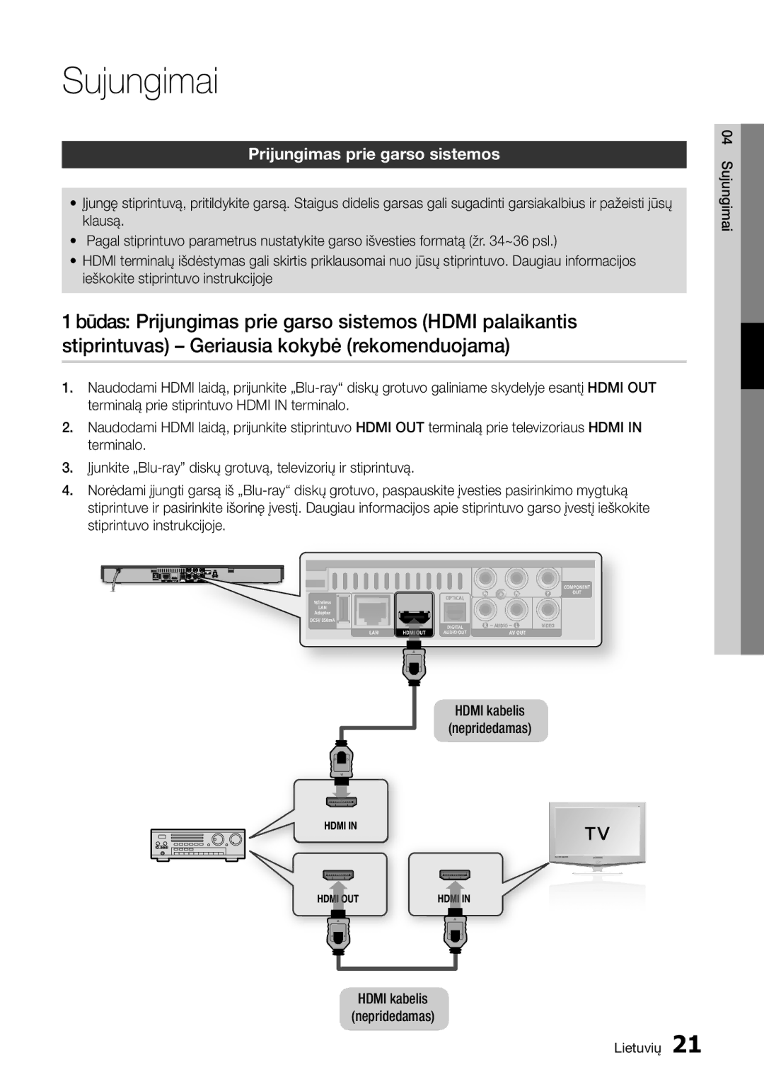 Samsung BD-D5500/EN manual Prijungimas prie garso sistemos 