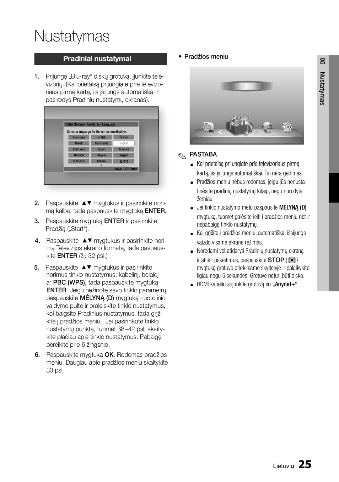 Samsung BD-D5500/EN manual Nustatymas, Pradiniai nustatymai 