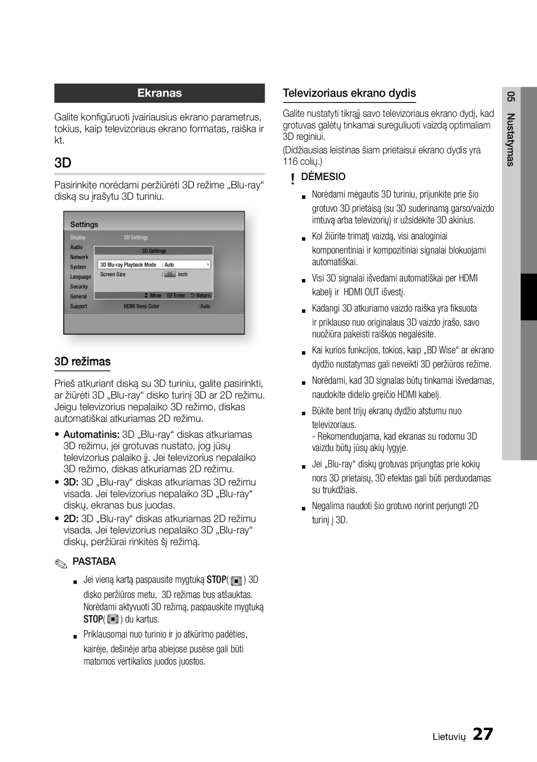 Samsung BD-D5500/EN manual Ekranas, 3D režimas, Televizoriaus ekrano dydis, Stop du kartus 